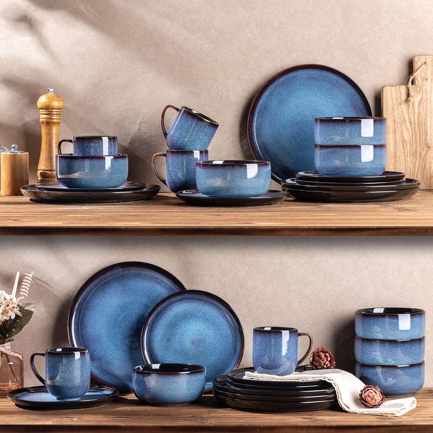 LERATIO Ceramic Dinnerware Sets for 4,16-Piecereactive Glaze Plates and Bowls Set with Mugs,Highly Chip and Crack Resistant | Dishwasher,Microwave & Oven Safe Dishes Set-Blue image number 4
