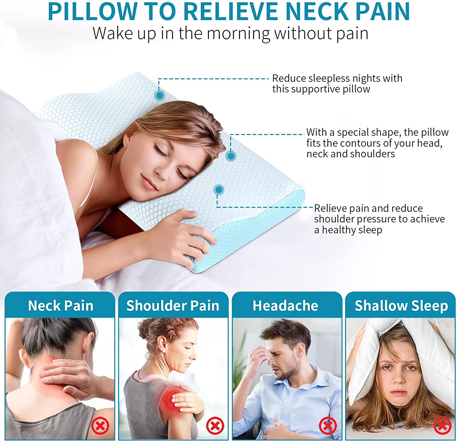 Memory Foam Pillows, Neck Pillow Queen Size Bed Pillow for Sleeping, Ergonomic Cervical Pillow Neck Support Pillow for Side Back Stomach Sleeper, Orthopedic Contour Pillow for Neck and Shoulder Pain image number 6