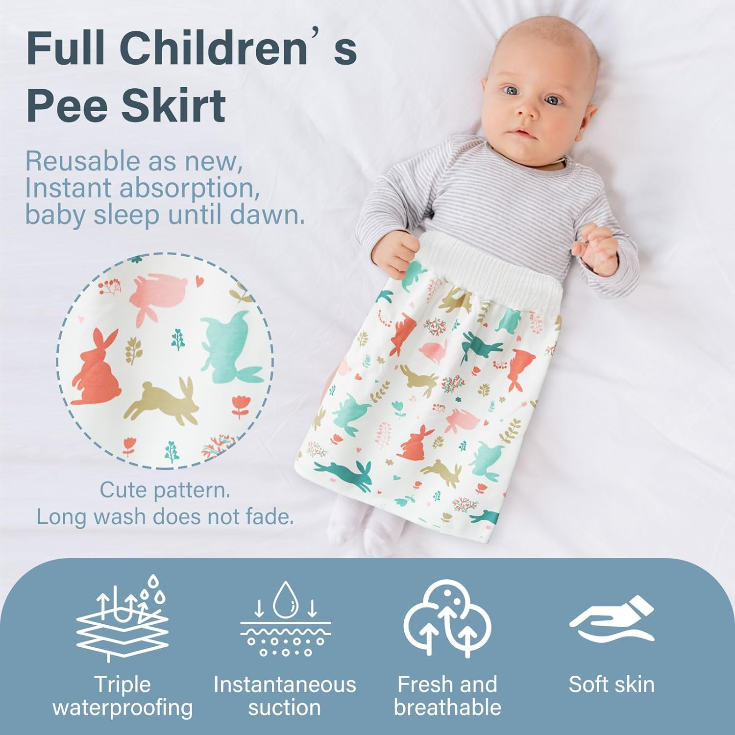 Waterproof Diaper Skirt for Baby Toddler Bed Wetting Training Diaper Shorts for Boys and Girls Night Time (Rabbit+Rabbit) - L image number 3