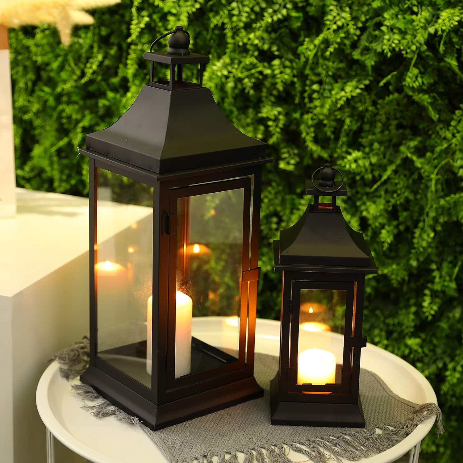 JHY DESIGN Set of 2 33&50Cm Tall Outdoor Candle Lanterns Vintage Hanging Tower Lantern Metal Candle Holder for Garden Living Room Indoor Outdoor Parties Weddings Balcony(Black) image number 2