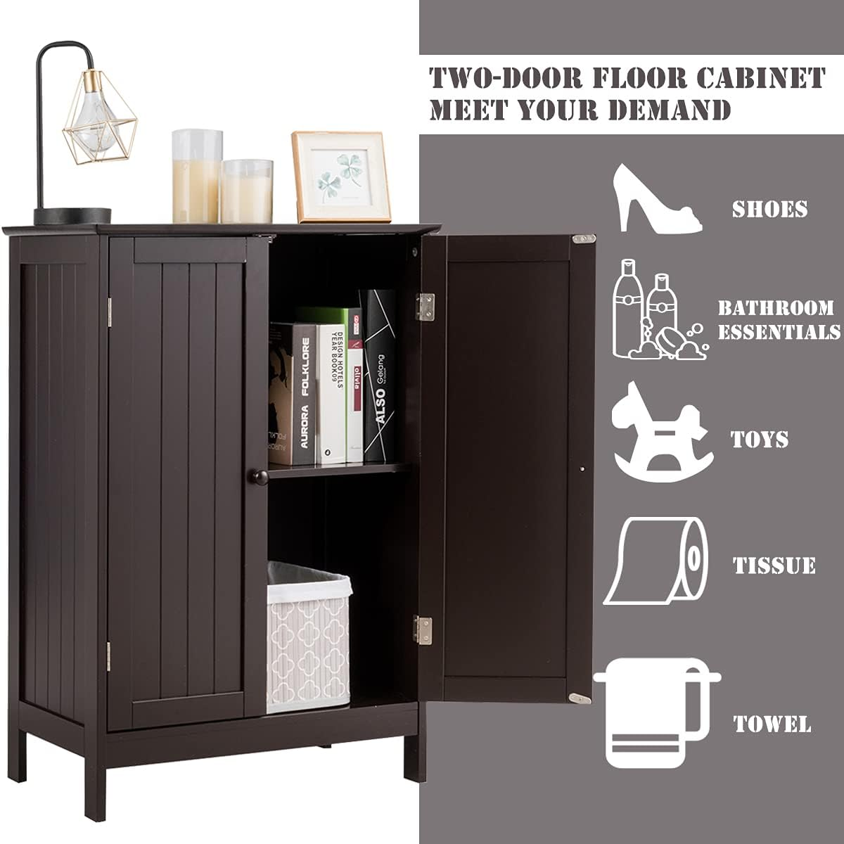 Bathroom Floor Cabinet W/ Double Doors, Floor Storage Cabinet W/ Shelf Free Standing Home Furniture Storage, Toilet Storage Unit, Laundry Cupboard, Entryway Utility Organizer Cabinet, for Bathroom & Bedroom& Living Room &Kitchen &Entrance (Brown) - Brown image number 4