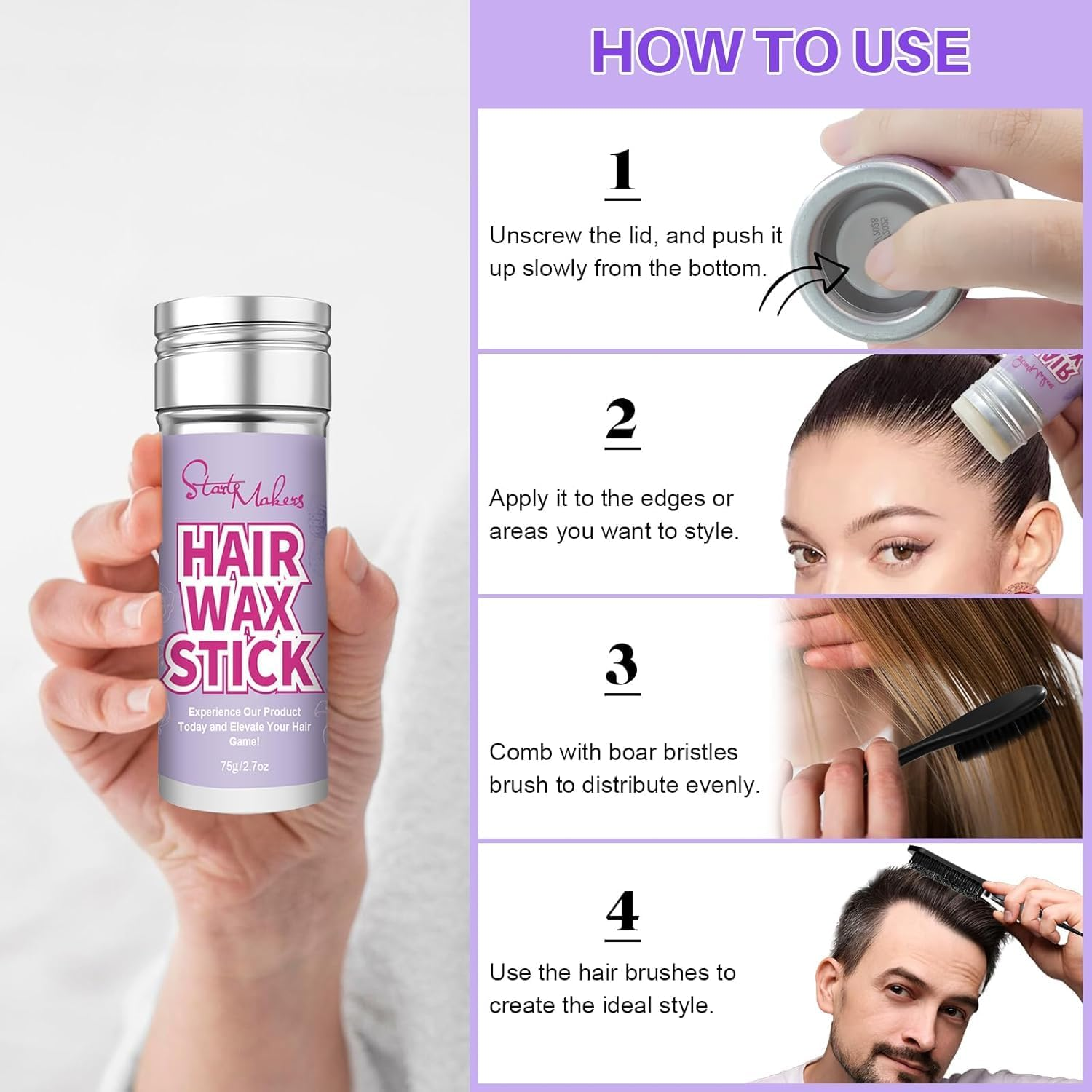 Start Makers Hair Wax Stick, Slick Back Hair Brush Kit, Hair Styling Stick for Flyaways, Edge Control Lasting Hold, Slick Back Brush for Smooth Edge, Tame Frizz Comb Style, Styling Set for Women Girls image number 2