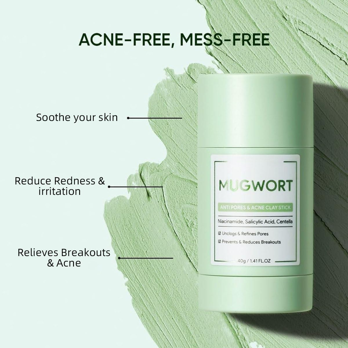 Mugwort Clay Mask Stick for Face, Deep Cleansing Blackheads & Pores, Reduces Excess Oil, Acne Treatment Mud Mask, Moisturizes & Calms Skin with Mugwort Essence, for Men & Women (1PCS) image number 1