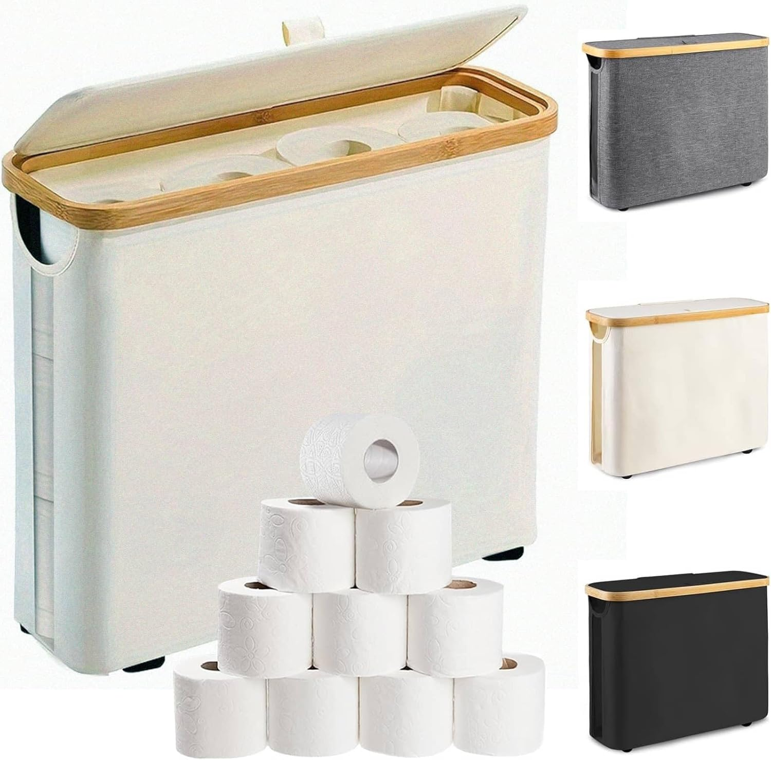 Toilet Paper Storage Basket, Toilet Paper Storage with Lid, Toilet Paper Organizer for Bathroom, Free Standing Toilet Paper Holder, Toilets Holder for up to 12 Rolls, for Bathroom (White)