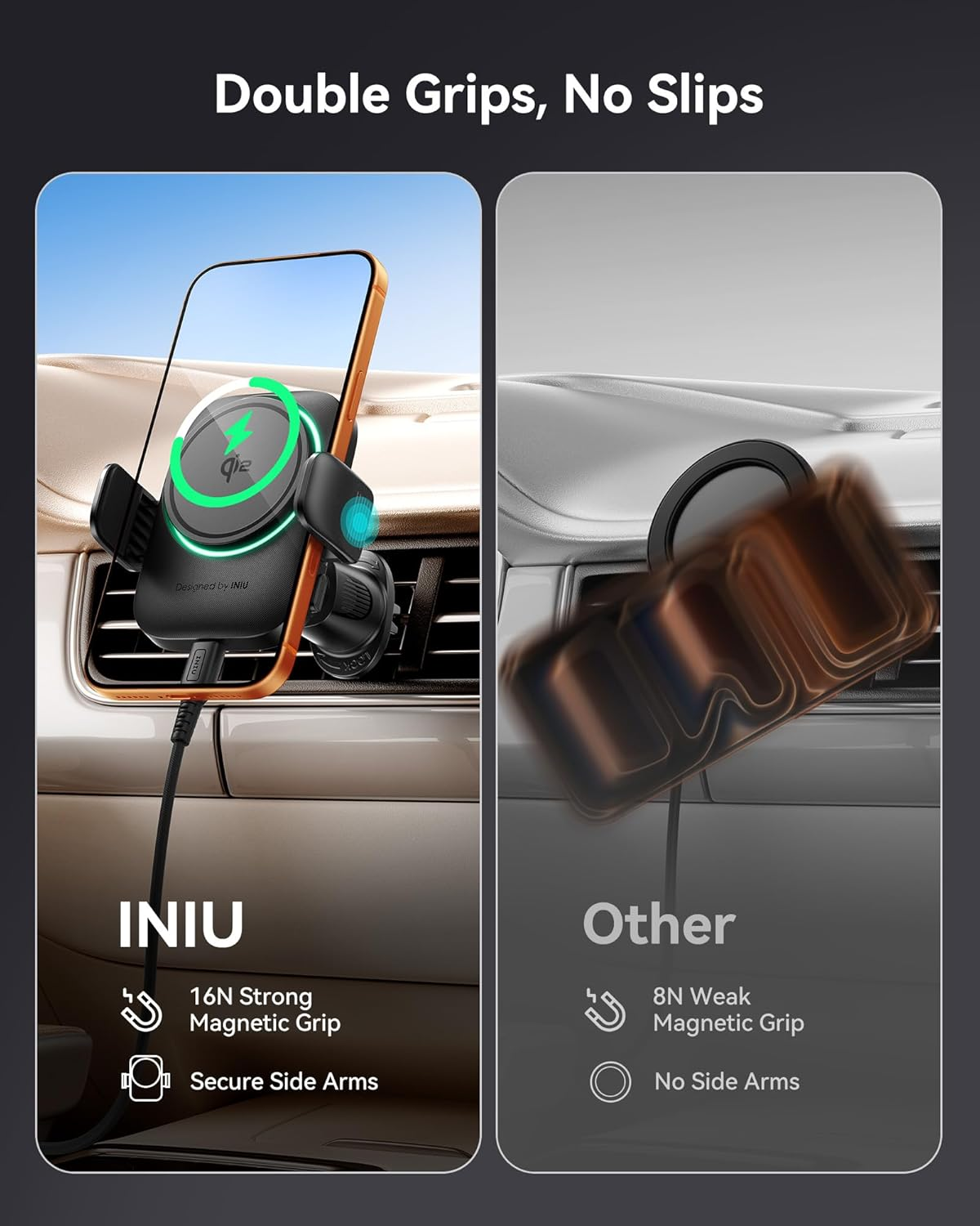 INIU Car Mount Charger, Qi2 Certified 15W for Wireless Car Charger, Ultra Strong Magnet Phone Holder with Cooling Fan & RGB, Vent Dash Phone Mount Holder for Iphone 16 15 14 13 Series image number 1