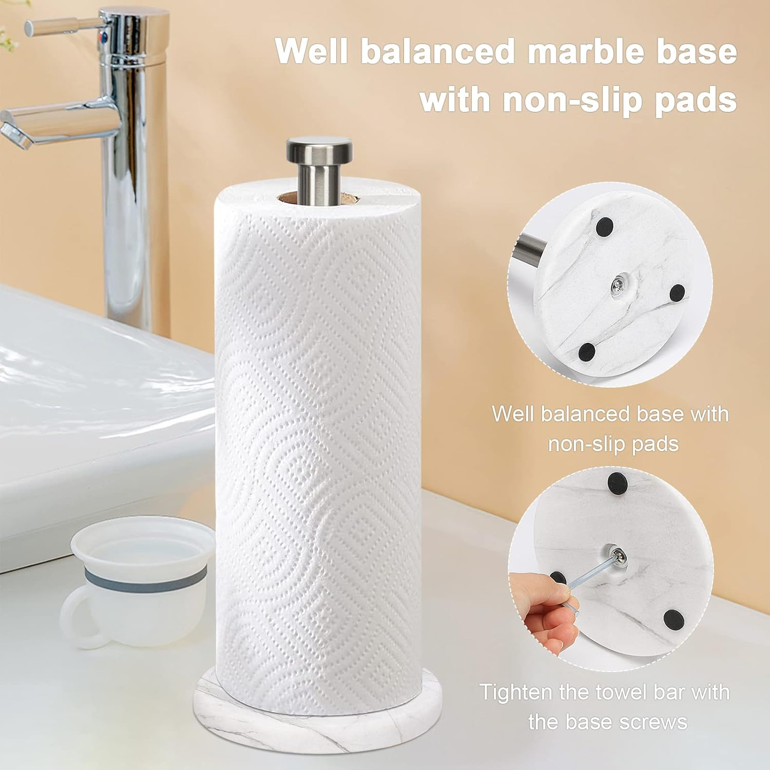 Nearmoon Standing Paper Towel Holder, Kitchen Paper Towel Tissue Holder- for Bathroom Kitchen Countertop, Standard or Jumbo-Sized Roll Paper (With Marble Base, Brushed Nickel) image number 6