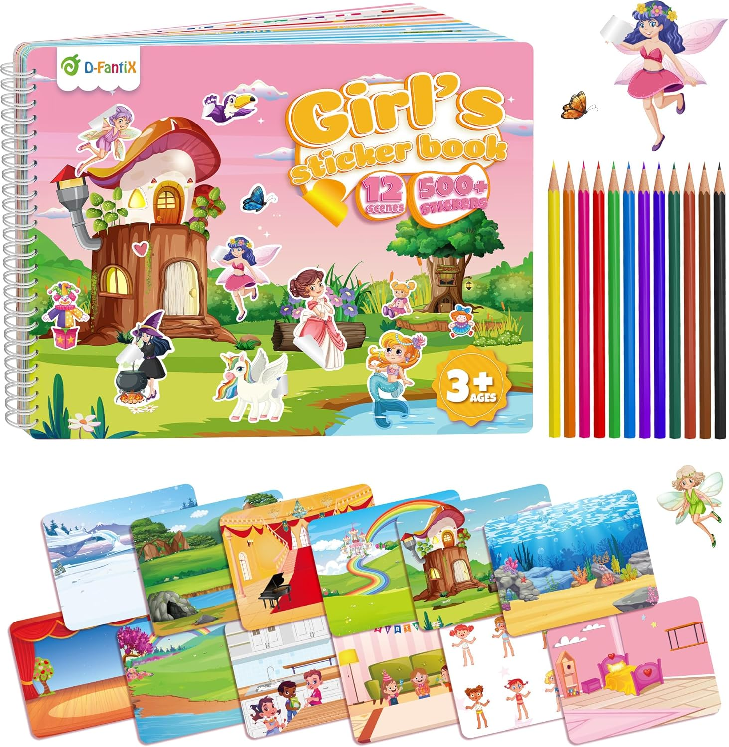 D-Fantix Girl'S Sticker Book for Kids, Unicorn Mermaid Flower Fairy Animal 12 Unique Scenes and 500+ Stickers, Toddler Airplane Travel Road Trip Essentials Activity Book, Arts & Craft for Age 3-8 image number 2