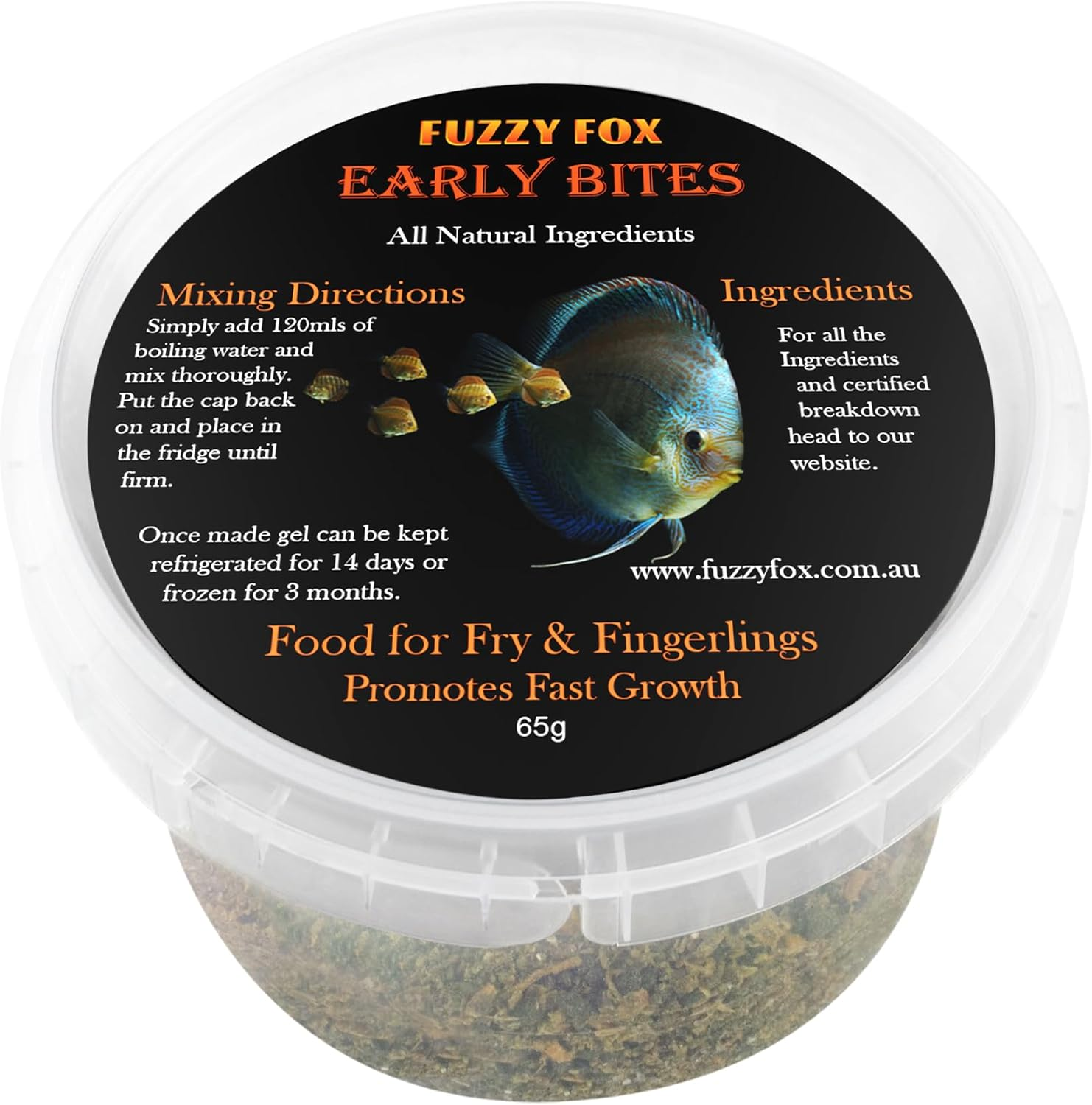 Fuzzy Fox Early Bites Fish Food for Fingerlings & Fry with All-Natural Ingredients, Fish Food with Balanced Vitamins and Minerals 65G