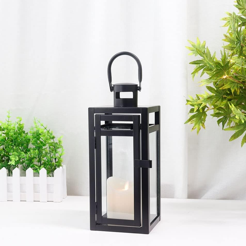 TRIROCKS Metal Lantern Candle Holder 30 Cm High Decorative Tea Light Candle Holder with Tempered Glass for Christmas Home Decor Living Room Parties Events Tabletop Indoors Outdoors (Black)