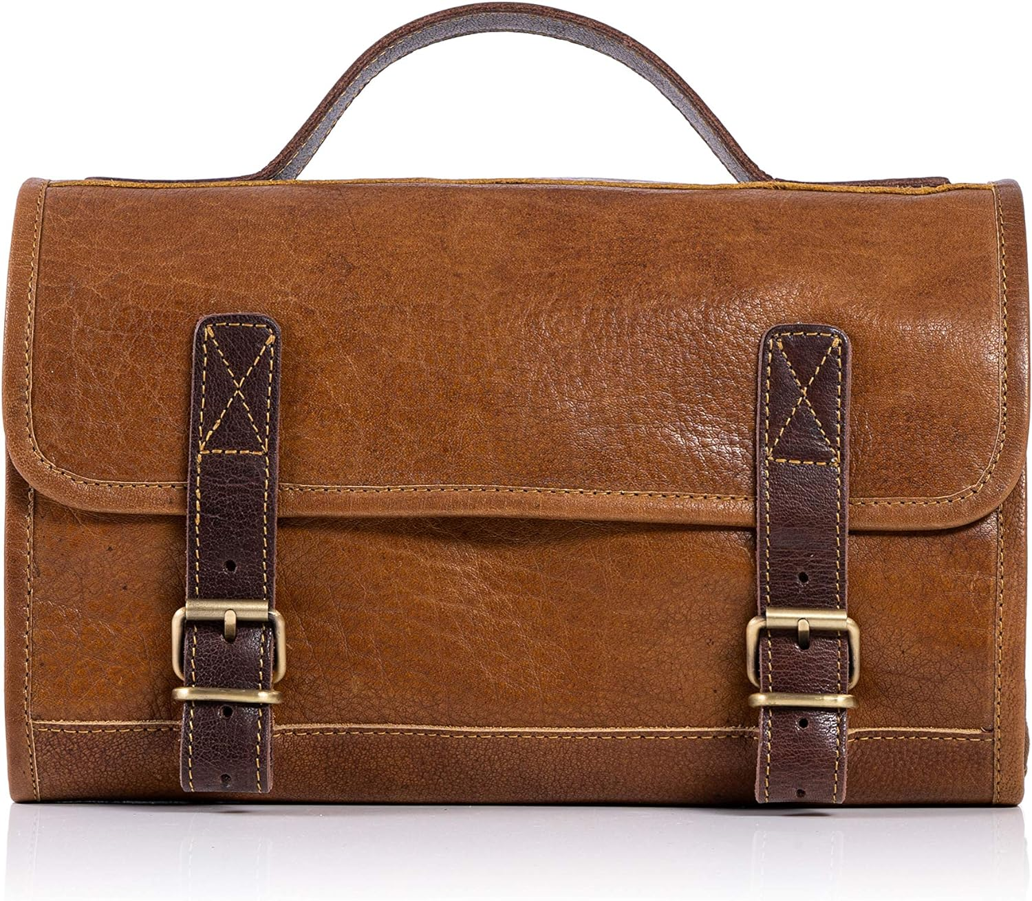 Komalc Genuine Buffalo Leather Hanging Toiletry Bag Travel Dopp Kit Yellow Tan - Distressed Tan image number 3