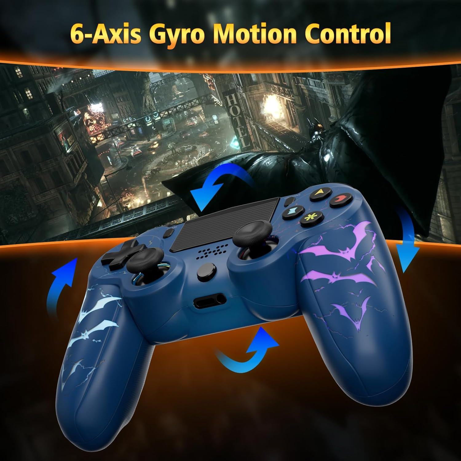 Wireless Controller for PS4, LED Controller for Playstation 4 with 5 Light Modes/Usb-C Charging Port/Touchpad/Dual Motors/6-Axis Gyro/3.5Mm Audio Jack, Bats-Shape Light Design Game Control for Ps4(Blue) - Colorful image number 2