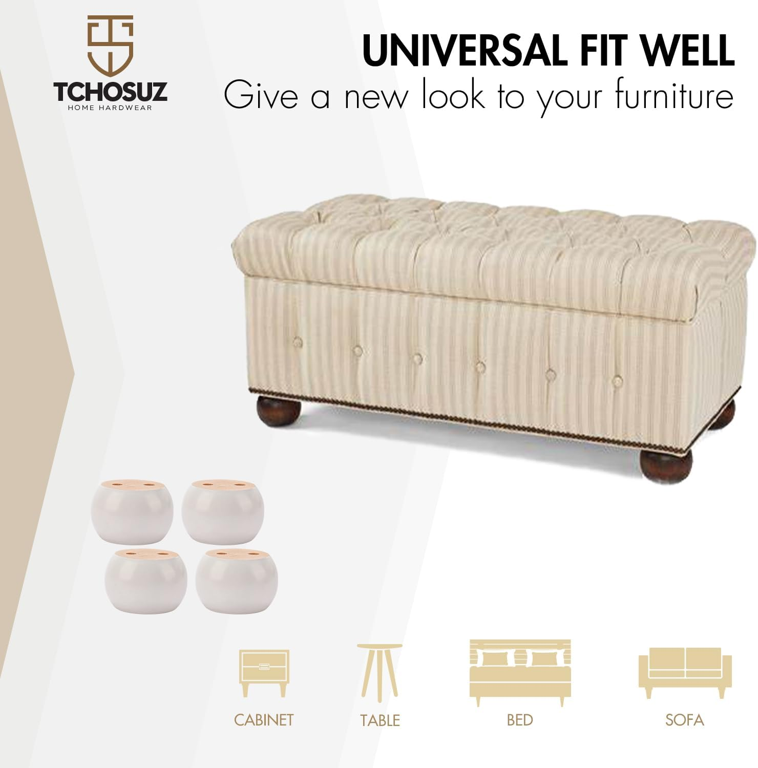 2 Inch / 5Cm Wooden Furniture Legs, Pack of 4 White Solid Wood Turned DIY Replacement Bun Feet with M8 Hanger Bolts & T-Nuts or Sofa Couch Cabinet Recliner Ottoman Riser - Walnut image number 2