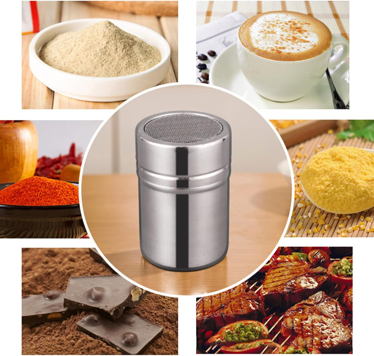 Stainless Steel Powder Shaker with 16 Piece Printing Stencils Chocolate Shaker for Coffee Cocoa Powder Durable Food Grade 304 Stainless Steel Easy Clean and Freshness Seal Ideal for Kitchen Use image number 2