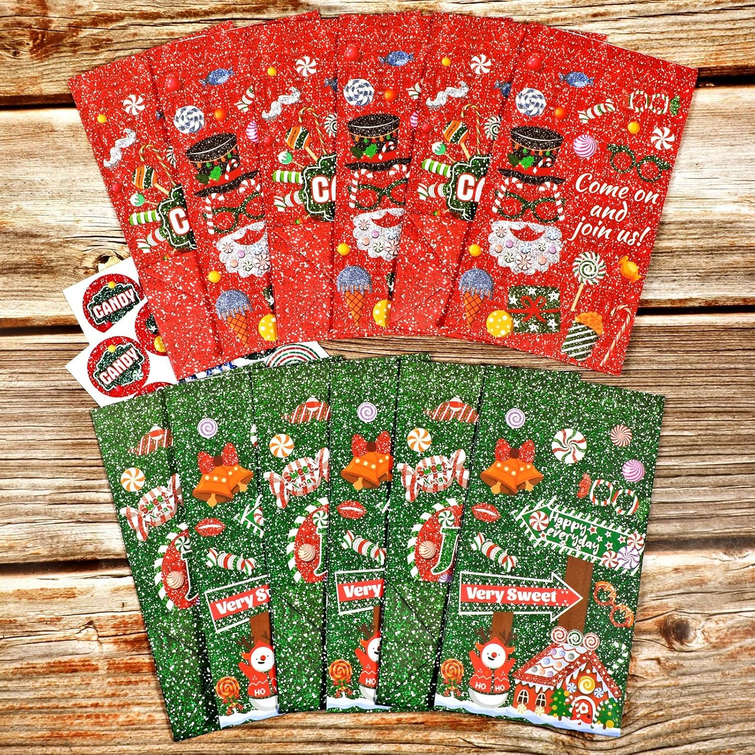 Rukoy 100 PCS Christmas Candy Bags,Christmas Paper Bags,Merry Christmas Candy Bags with Stickers, 12Pcs Christmas Peppermint Treat Bags for Xmas Holiday Party Favors Lollipops Goodie Bags, Party Gift Bags for Present Packing image number 1