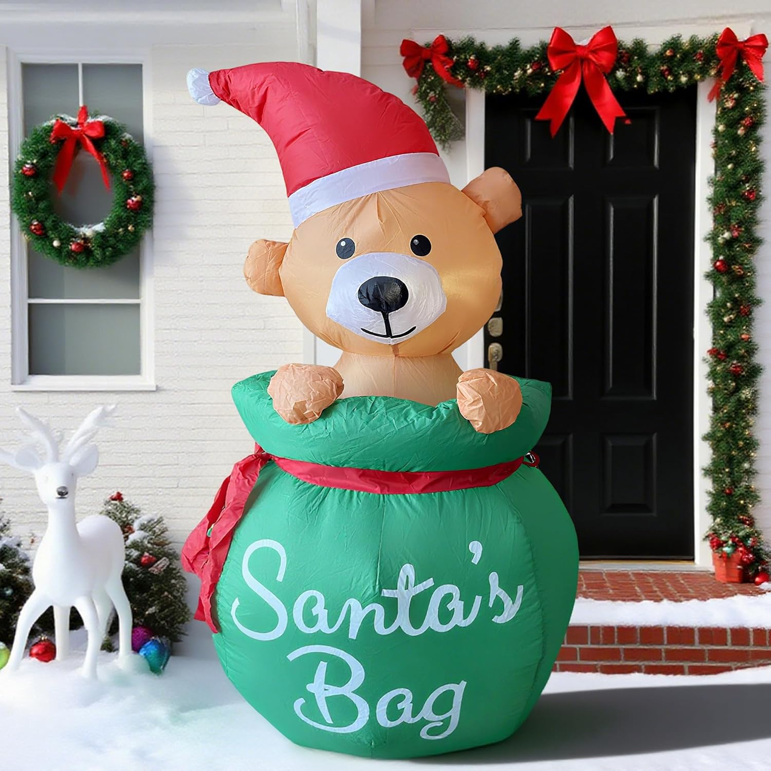 ONEIN 134CM Christmas Inflatables Teddy Bear in Santa&rsquo;S Bag with LED Lights - Cute Outdoor Blow up Decoration for Xmas Yard, Garden & Party - Weather-Resistant with Built-In Fan, Stakes & Sandbags image number 6