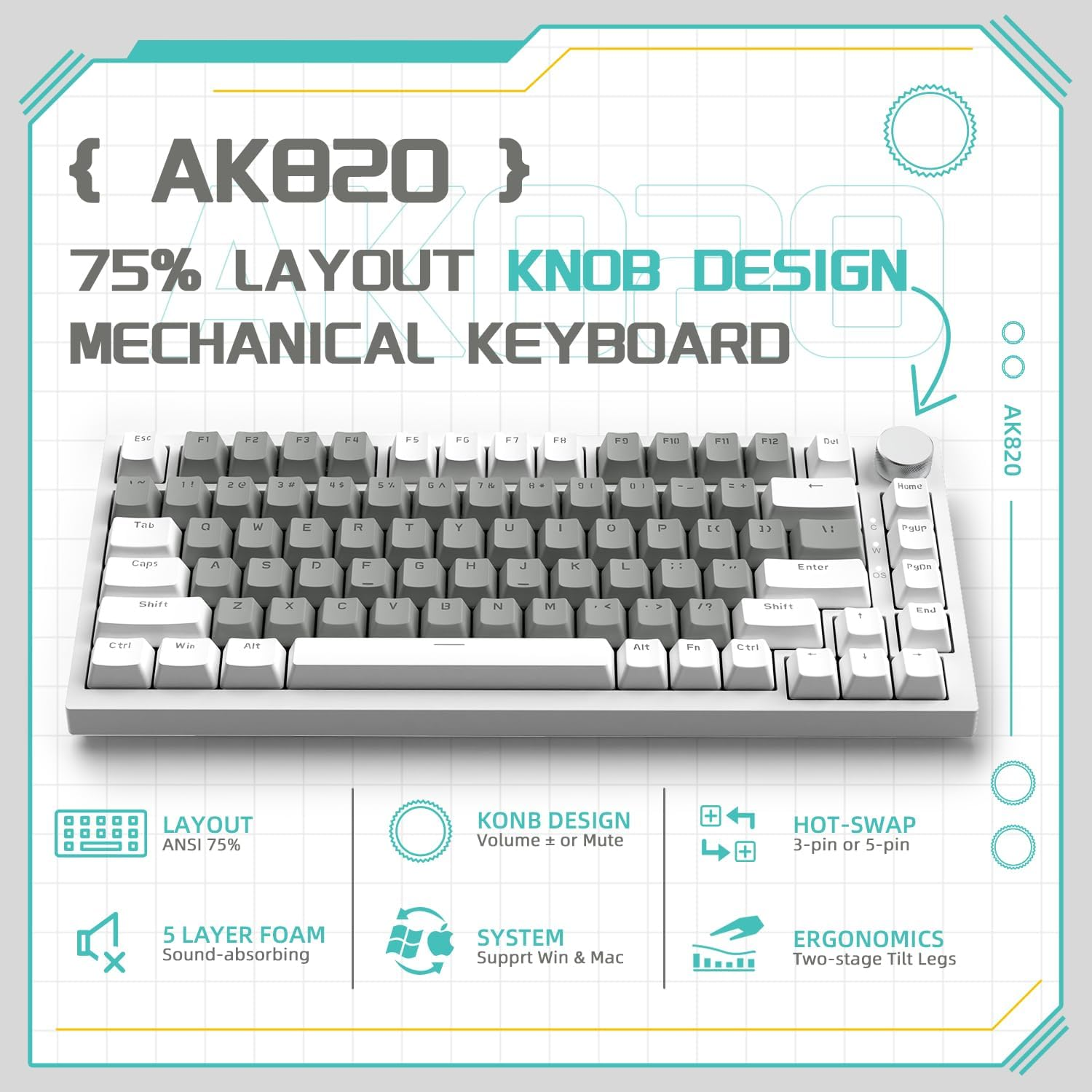 A.JAZZ X Attack Shark AK820 75% Wired Mechanical Gaming Keyboard,Custom Keyboard,Hot Swappable,Upgraded Gasket Noise Absorbing Foams,Cnc Knob,White LED Backlit,Nkro,Hp Switch for Pc/Win/Mac(Grey) image number 1