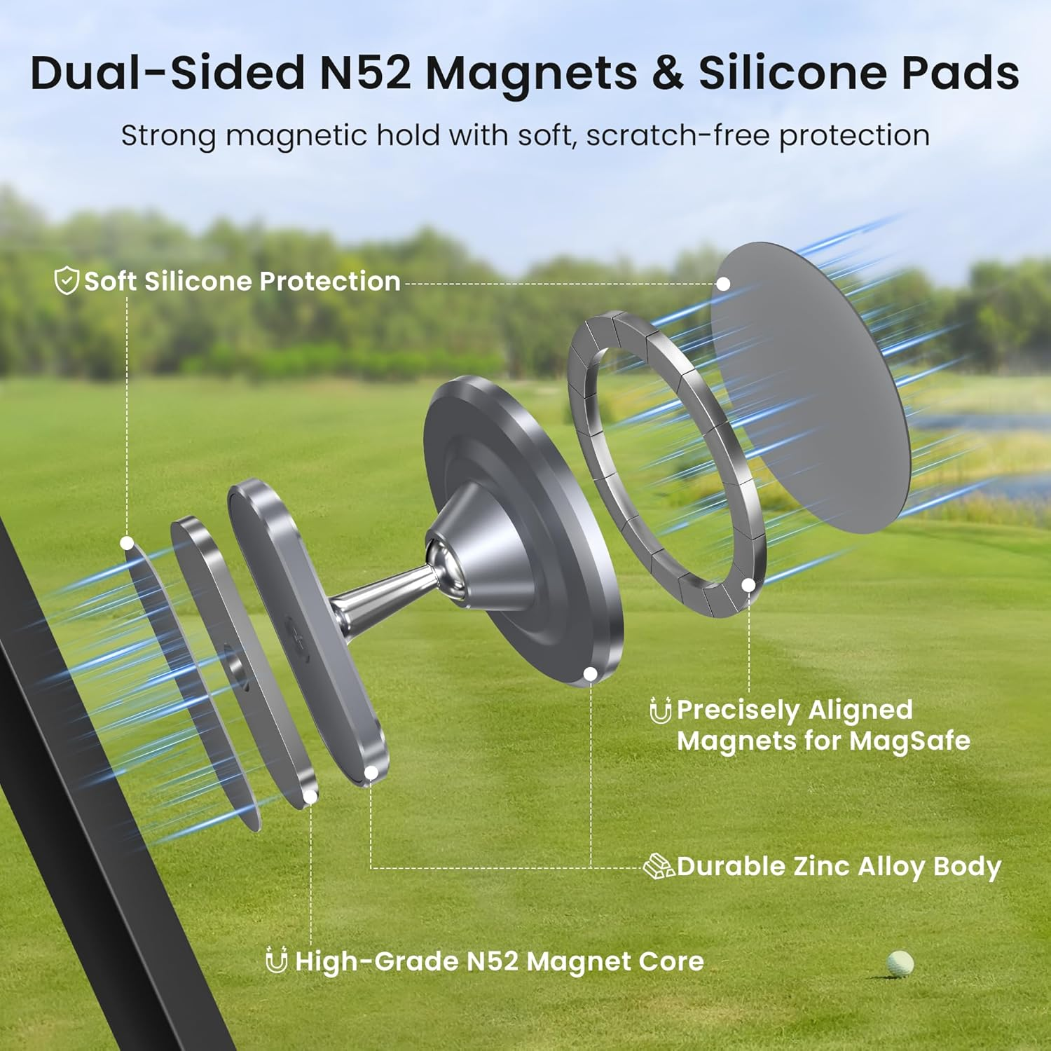 Itramax Magnetic Golf Cart Phone Holder,360&deg; Adjustable Dual Magnet Mount,Portable Alloy Golf Push Cart Cell Phone Stand for Magsafe Iphone 17 16 15 14 13 12&All Smartphones,Fits Ezgo,Club Car,Yamaha image number 5