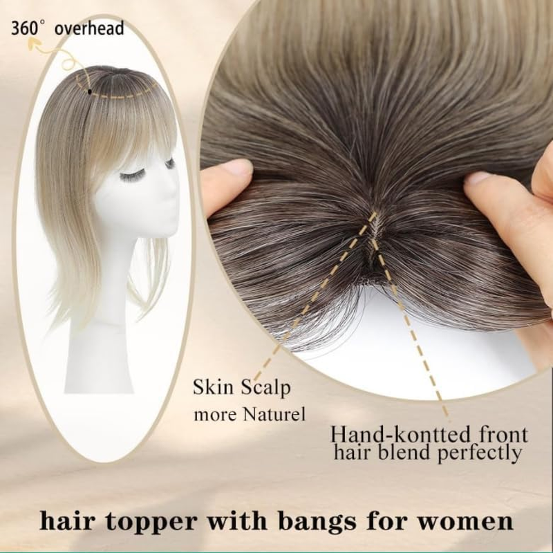 Wesileyern Hair Toppers for Women Human Hair Topper Clip in Fringe Hand-Woven Swiss Base Hair Topper (Ombre Light Brown with Blond Highlight 18Inch) image number 3