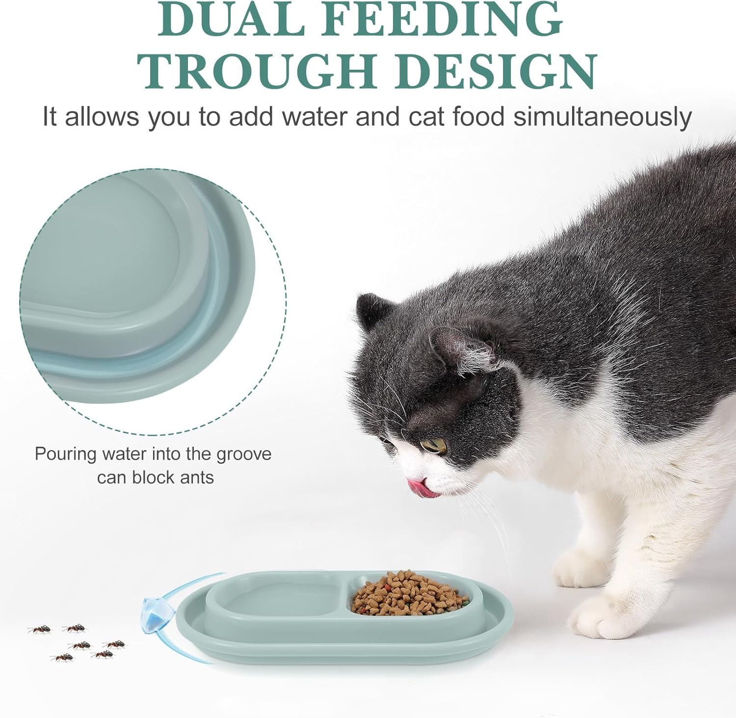 KESYOO Ant-Proof Cat Bowl with Dual Feeding Design, Non-Spill Water Moat, Grey Plastic Pet Dish for Cats and Small Dogs, Suitable for Indoor Use