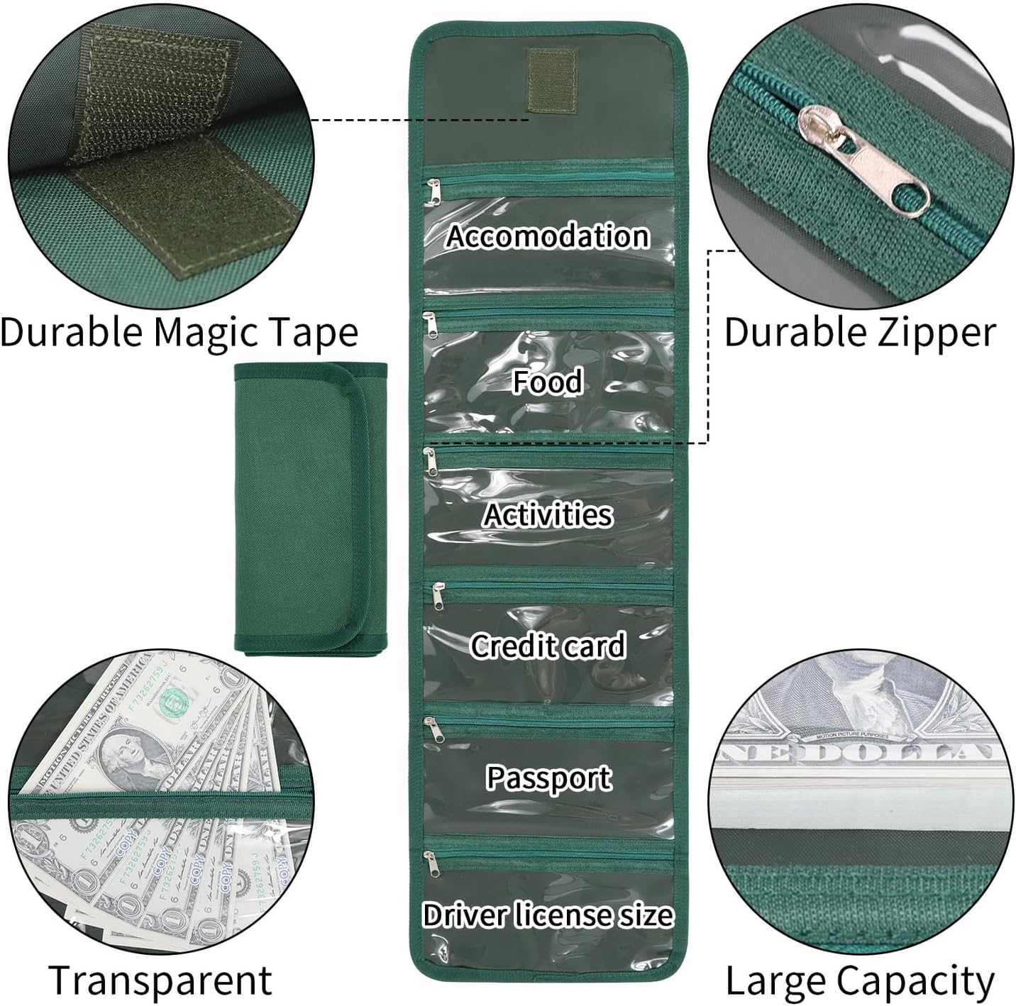 Money Wallet, Money Organizer for Cash with 6 Zippered Pocket Multipack Money Pouch, Cash Bill Organizer, Envelope Wallet Money Bag Small Travel Money Holder for Budgeting, Receipt and Tips (Green) image number 6