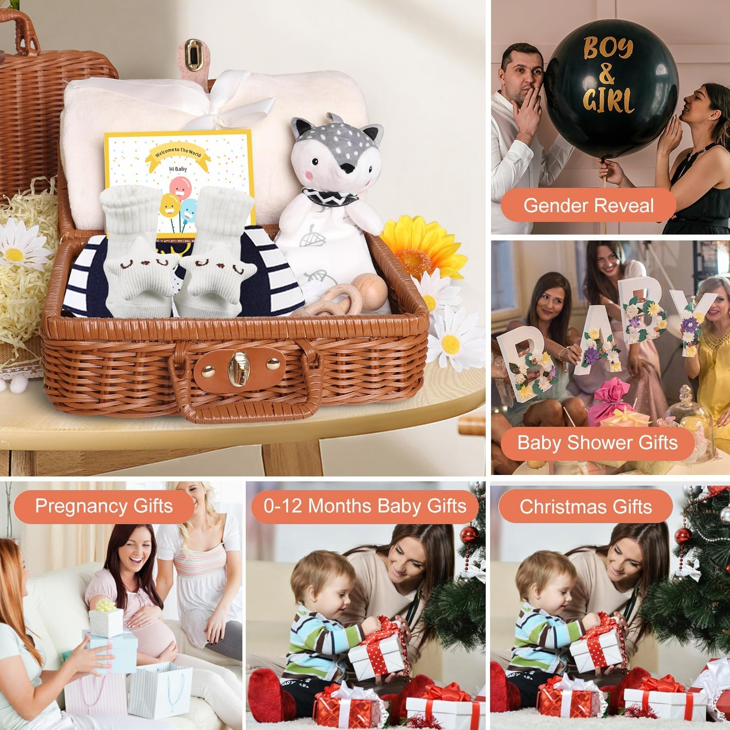 Baby Gifts Set, Baby Shower Gifts, Newborn Baby Gifts Basket, Unisex Baby Gift Set with Baby Blanket, Baby Wooden Rattle, Baby Rattle, Baby Bib, Infant Gift Set image number 1