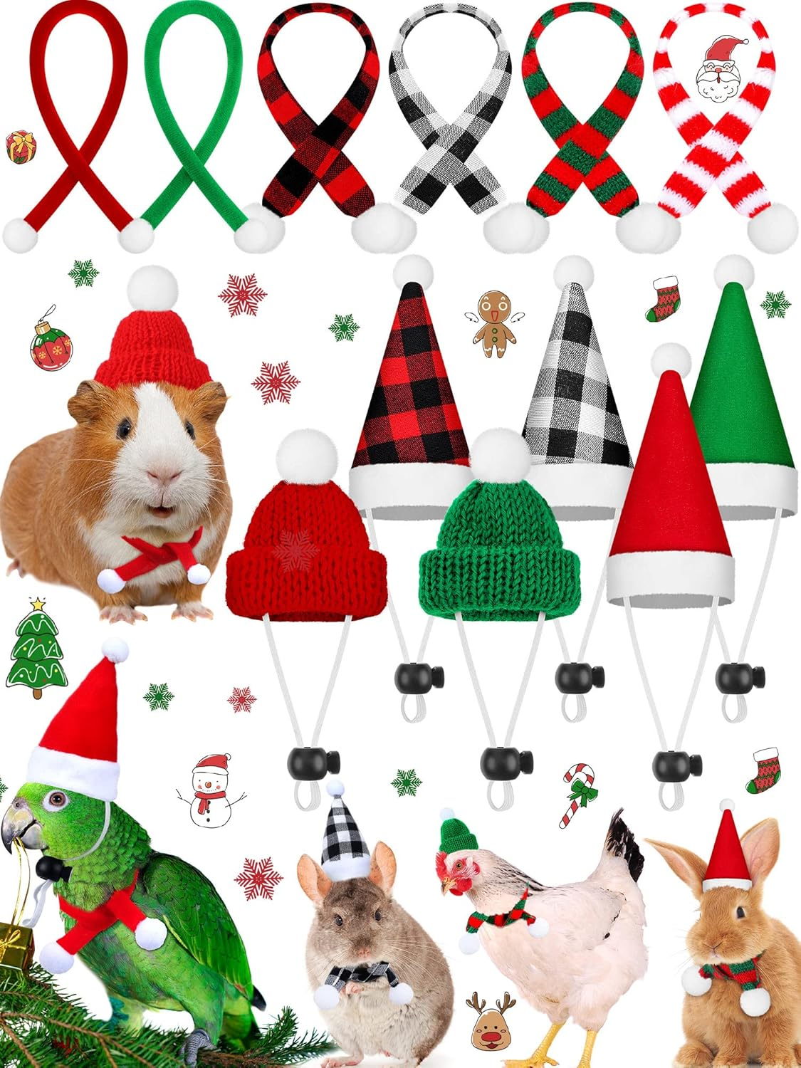 12 Pieces Small Animal Christmas Costume Mini Santa Hat and Scarf Xmas Guinea Pig Adjustable Warm Stripe Knit Scarf and Buffalo Plaid Hat for Rabbit Hamster Guinea Pig Bunny Chinchilla Small Pets image number 2