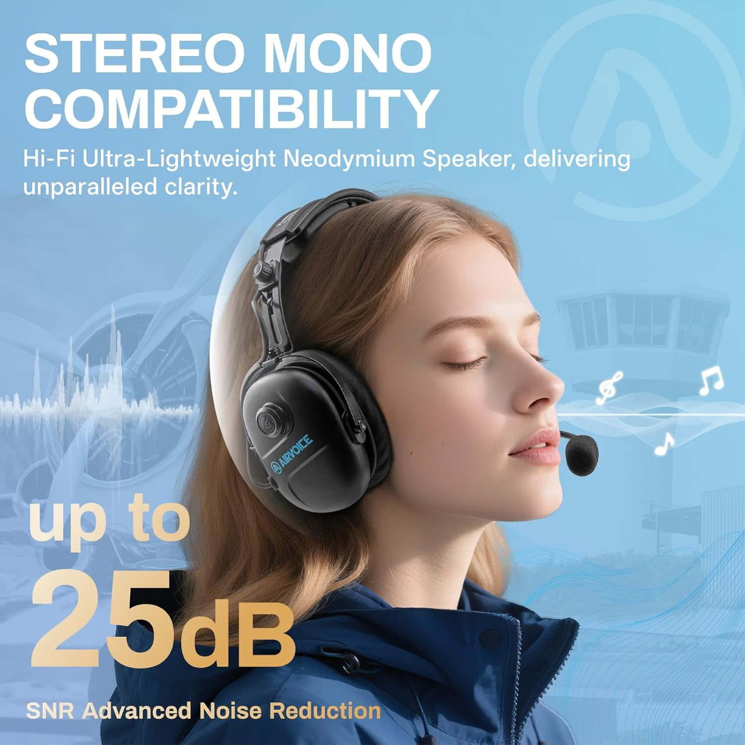 AIRVOICE Aviation Headset for Pilot with Stereo Mono Compatibility and 25 Db Passive Noise Cancellation, PNR General Aviation Headset with Noise Canceling Microphone, Adjustable Headband, Lightweight image number 1
