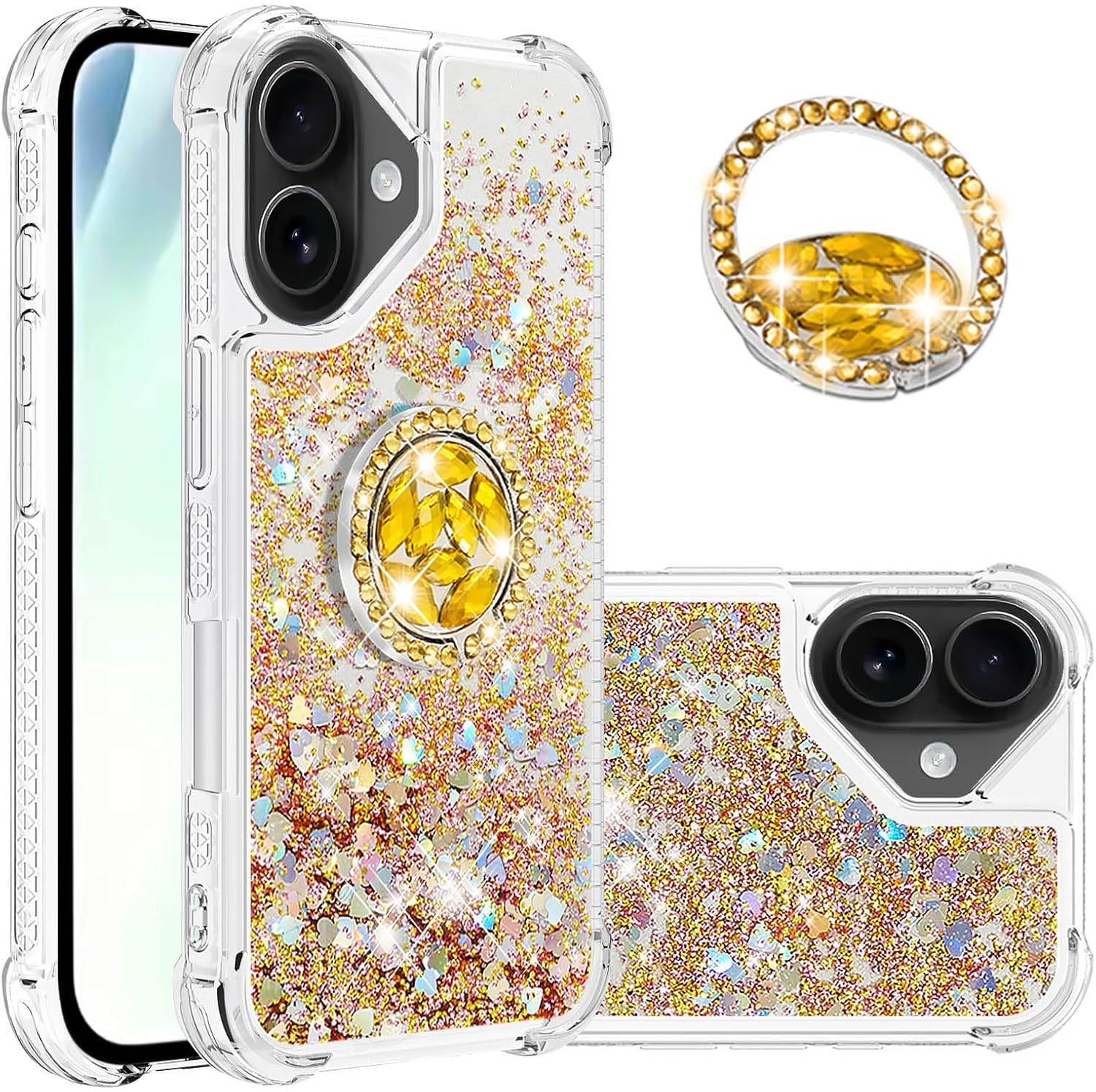 IMEIKONST Glitter Case for Iphone 17 Mobile Phone Case with Ring Stand, Sequins Liquid Quicksand Transparent Protective Case Shockproof TPU Cover for Iphone 17 Love Gold YBZ