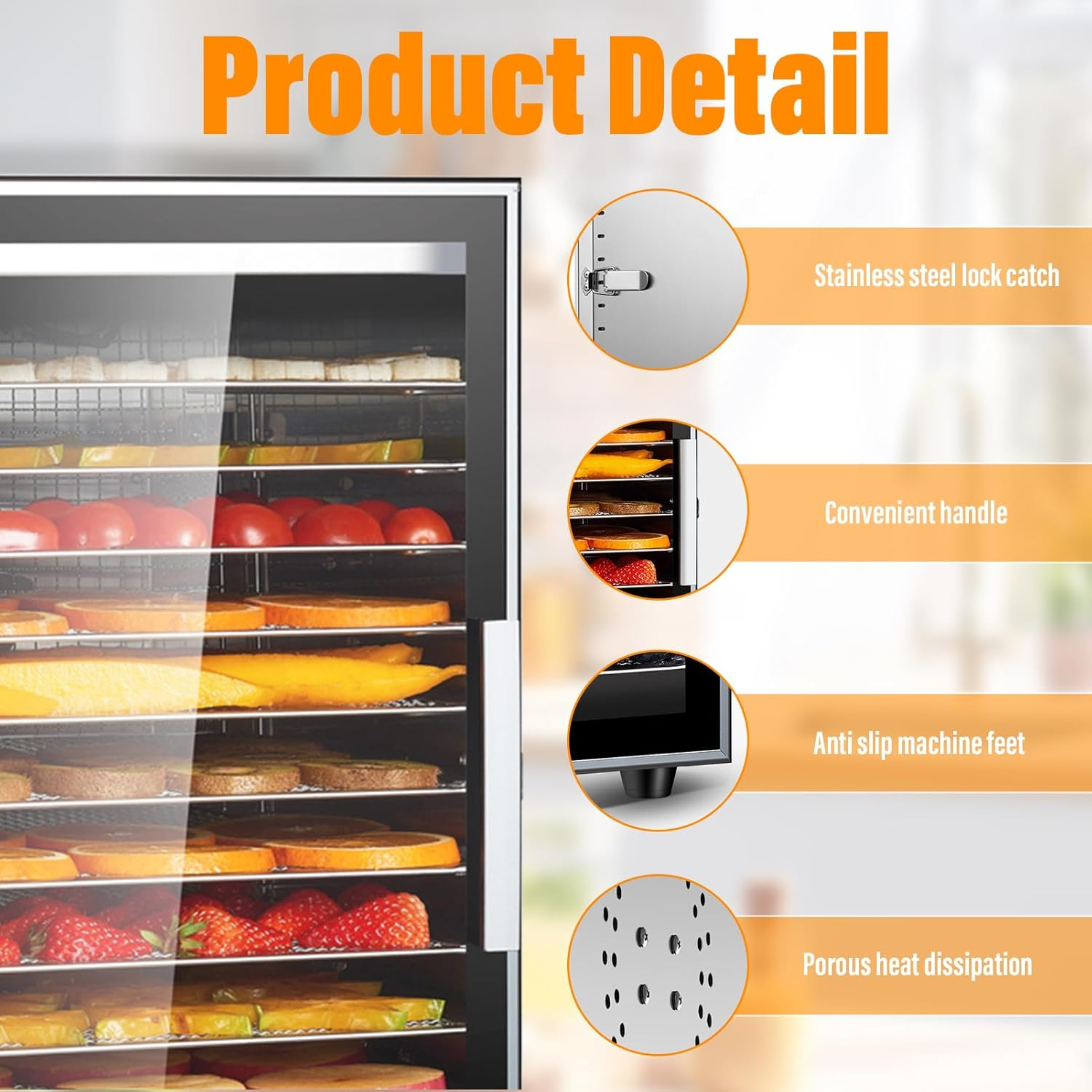 Xoxomeg Commercial Food Dehydrator,12 Trays Stainless Steel Dry Fruit Machine,20-90&deg; Temperature Control,24 Hours Timer,Dual Fan Design,For Herb, Meat, Fruit and Vegetables image number 4