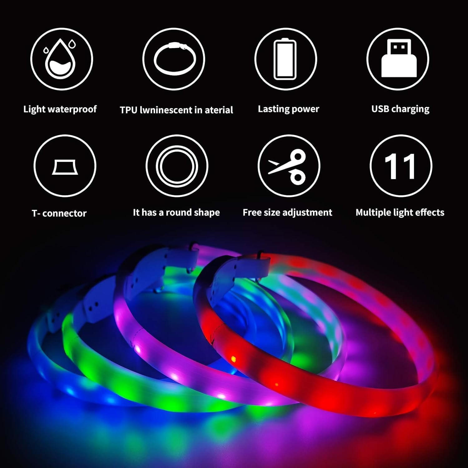 LED Dog Collar - Color Changeable Light up Dog Collars USB Rechargeable,11 Light Effects Glow in the Dark Collar Weatherproof Fits for Small Medium Large Dog,Keep Your Pets Seen Safety High Visibility image number 6