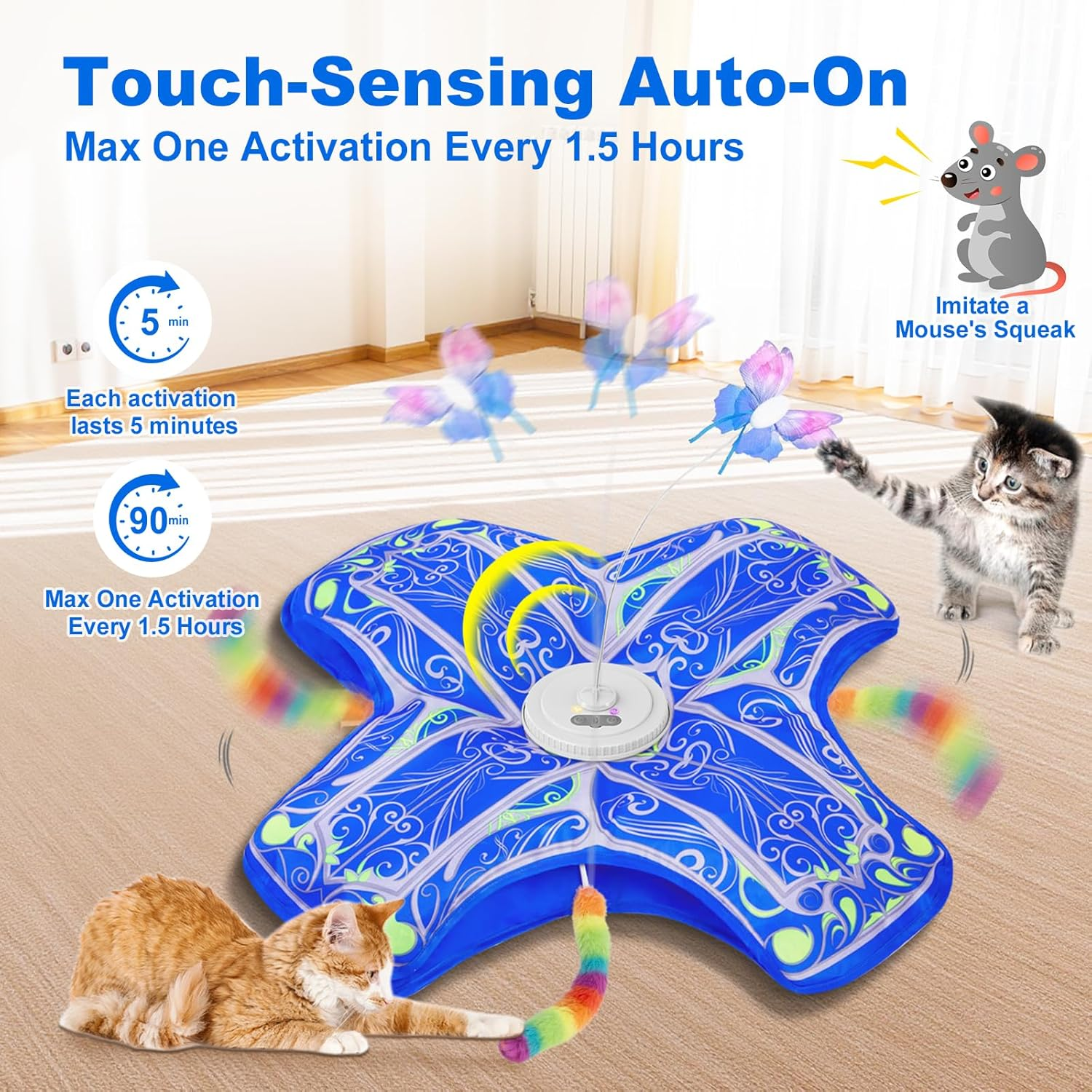 Qraxond Interactive Cat Toys for Indoor Cats,[Newly Upgraded] Rechargeable Touch Activated Hide and Seek Kitten Toy with Fluttering (Blue Cover Cloth Toy) image number 4