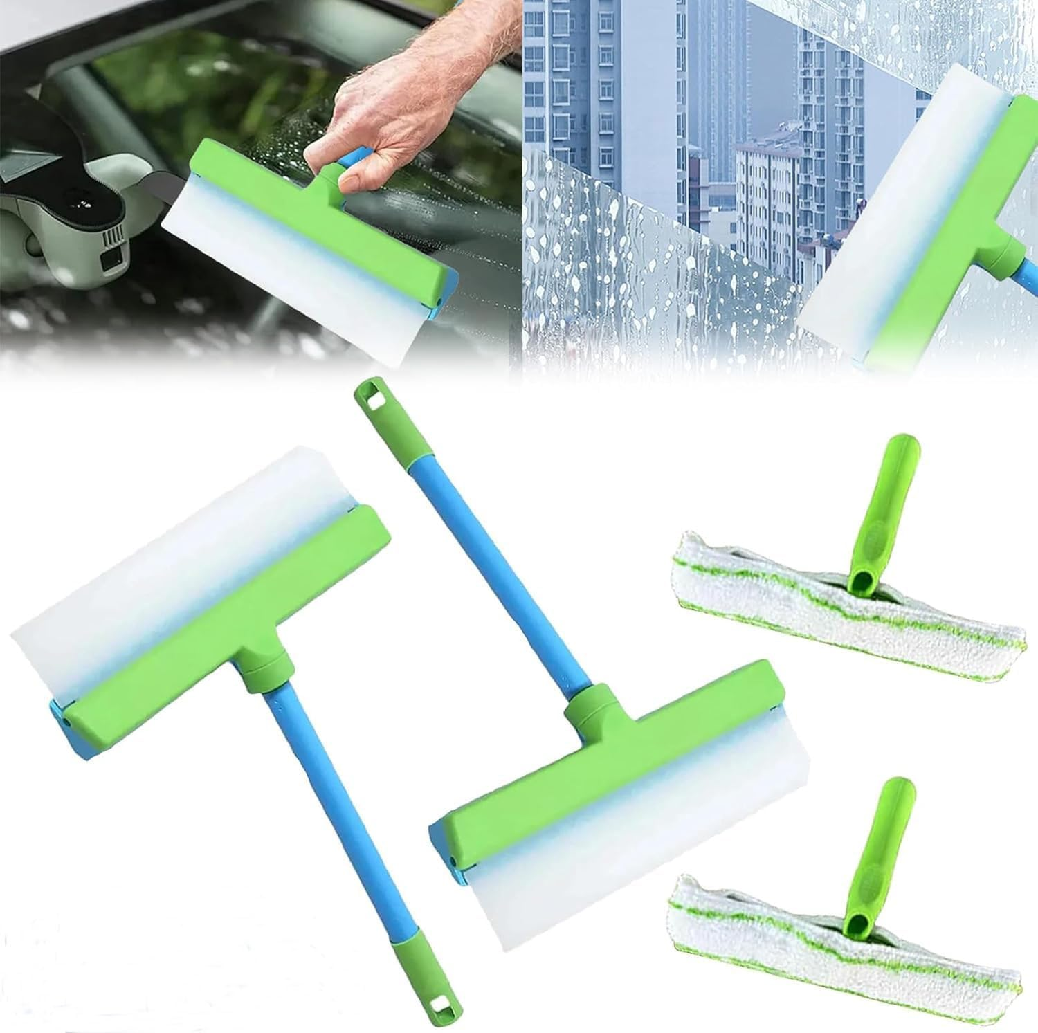 3-In-1 Silicone Window Cleaning Kit &ndash; Streak-Free Squeegee for Shower Glass, Mirrors, Car Windows & Home &ndash; Includes Scraper & Microfibre Cloth (Blue White-1 Pc)