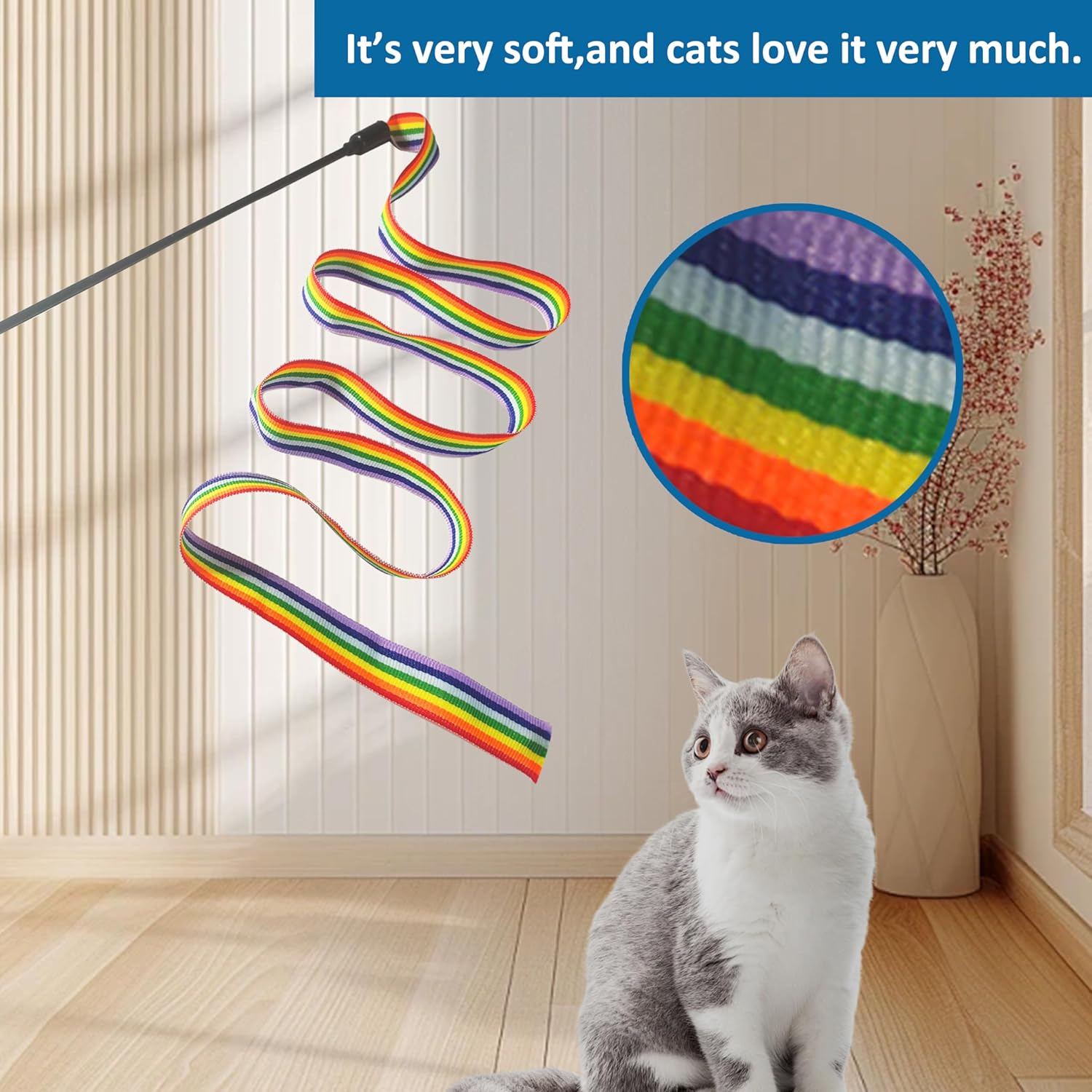 Cat Wand Interactive Toys, 2 Sets of Colored Fabric Ribbon Stick, Indoor Interactive Cat Rope Toys, Cat Athletes Pet Toy Accessories (Rainbow Cat Rope Toys) image number 5