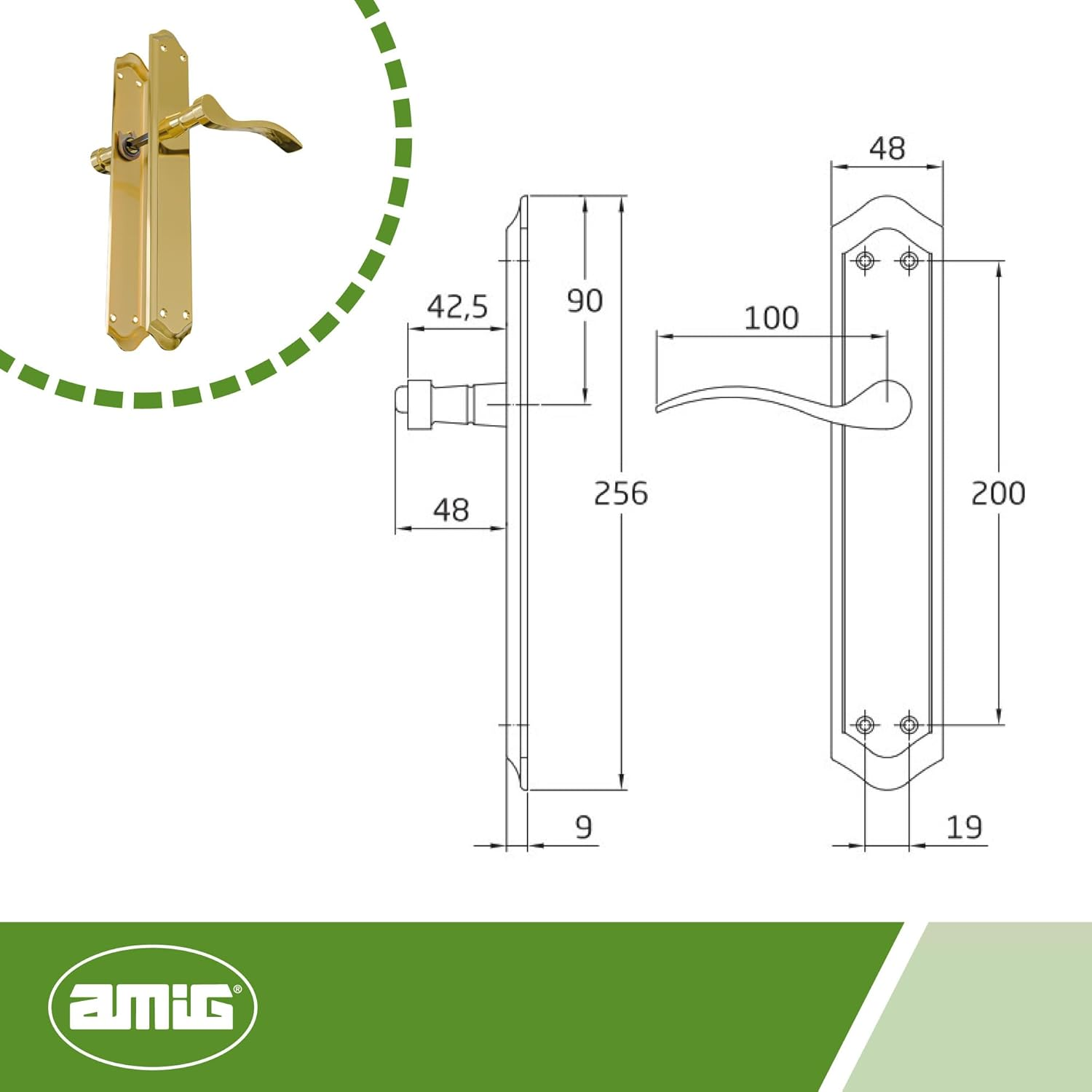 Amig - Door Handle Set with Plate | Beta Handle | Made of Steel | 256 X 48 Mm | Square Pin 8 Mm | Matt Brass-Plated image number 4