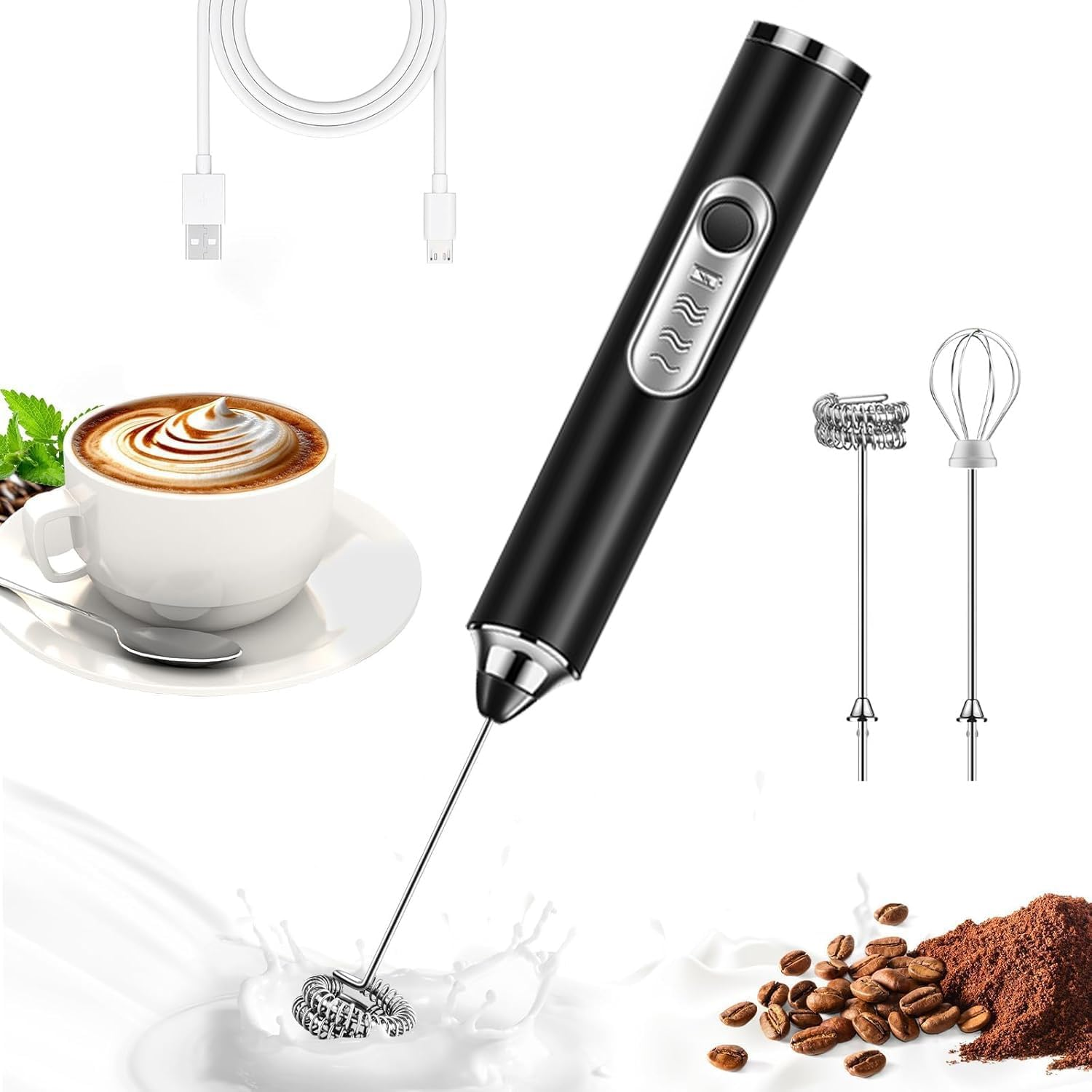 Milk Frother Rechargeable Handheld Electric Whisk Coffee Frother Mixer with 2 Stainless Whisks 3 Speed Adjustable Foam Maker Blender for Coffee Matcha Latte Cappuccino Protein Powder (Black)