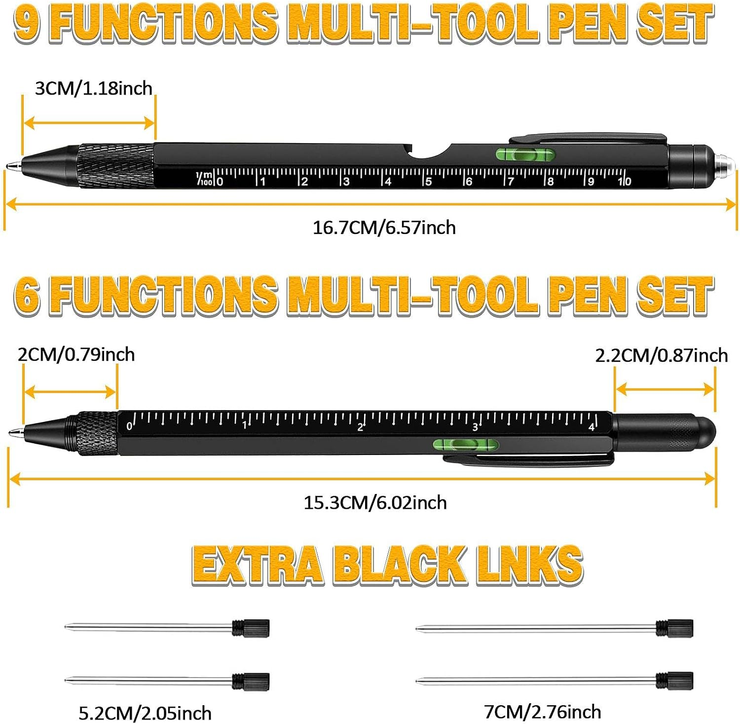 2Pcs Gifts for Men, 9 in 1 Multitool Pen Set - Cool Gadgets for Fathers, Husband, Boyfriend, Grandpa on Christmas Birthday Gifts, Multi Tool Ballpoint Pen Stocking Stuffers for Him Teens (Black-Black) - 2Pcs Black + Black image number 4