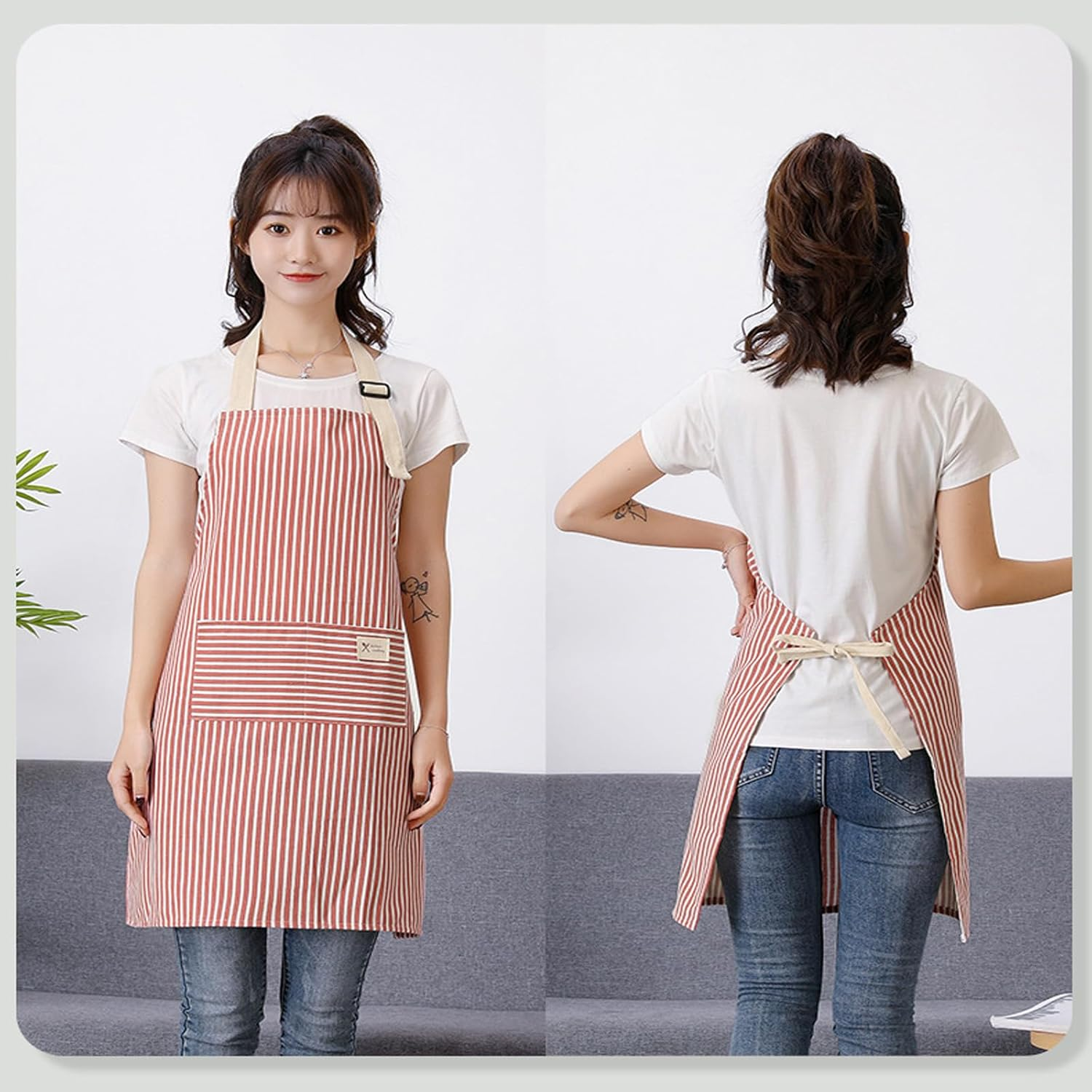 2 Packs Adjustable Apron Bib, Kitchen Cooking Aprons with Big Pocket for Women Men, Chef, Kitchen, Home, Restaurant, Cafe, Cooking, Baking (Streak/Blue & Red) image number 6