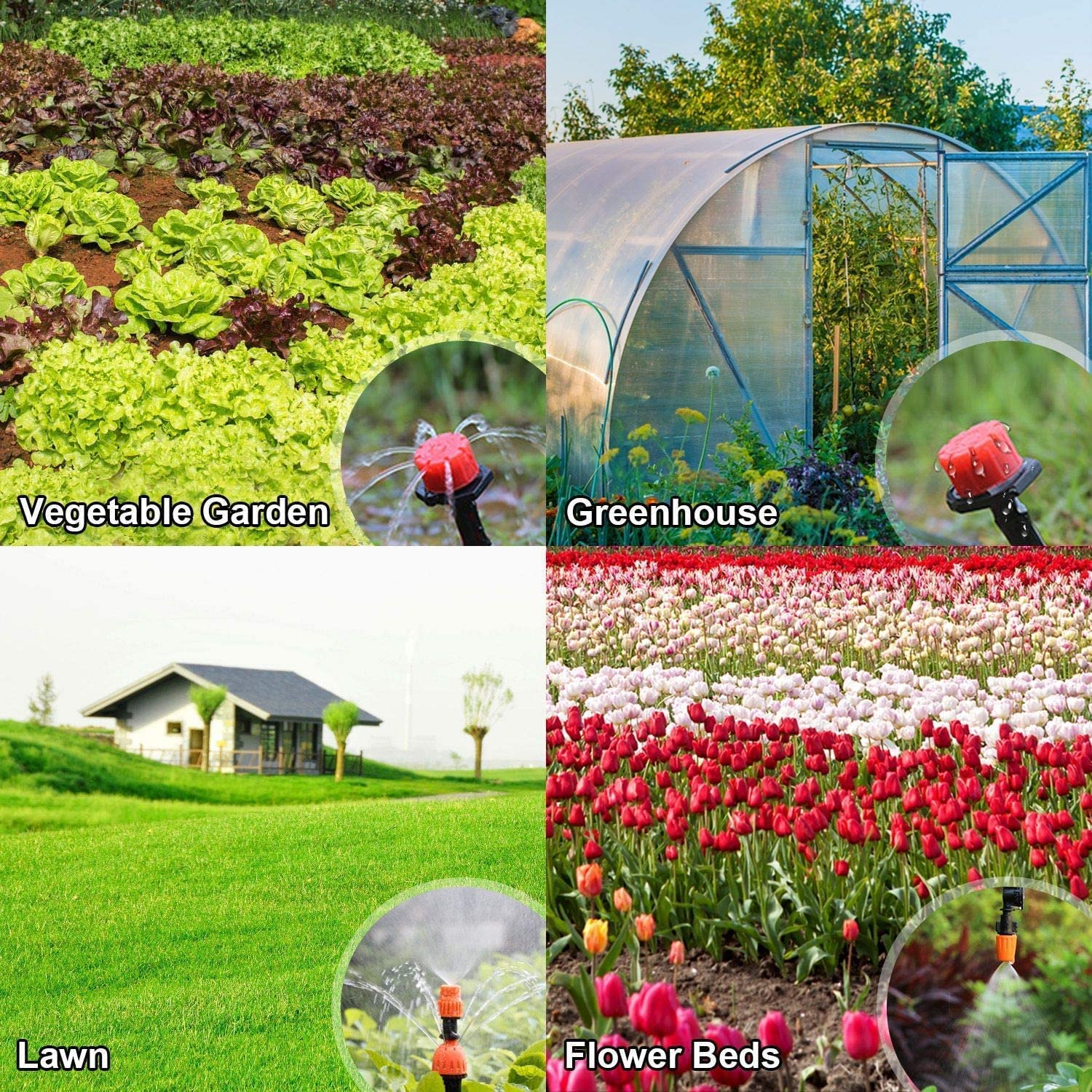 100Ft/30M Garden Irrigation Kit Mist Irrigation Kit - DIY Plant Watering Drip Sprinkler System with 2-Way Hose Splitter, 1/4" Tubing Hose, for Greenhouse or Outdoor image number 2