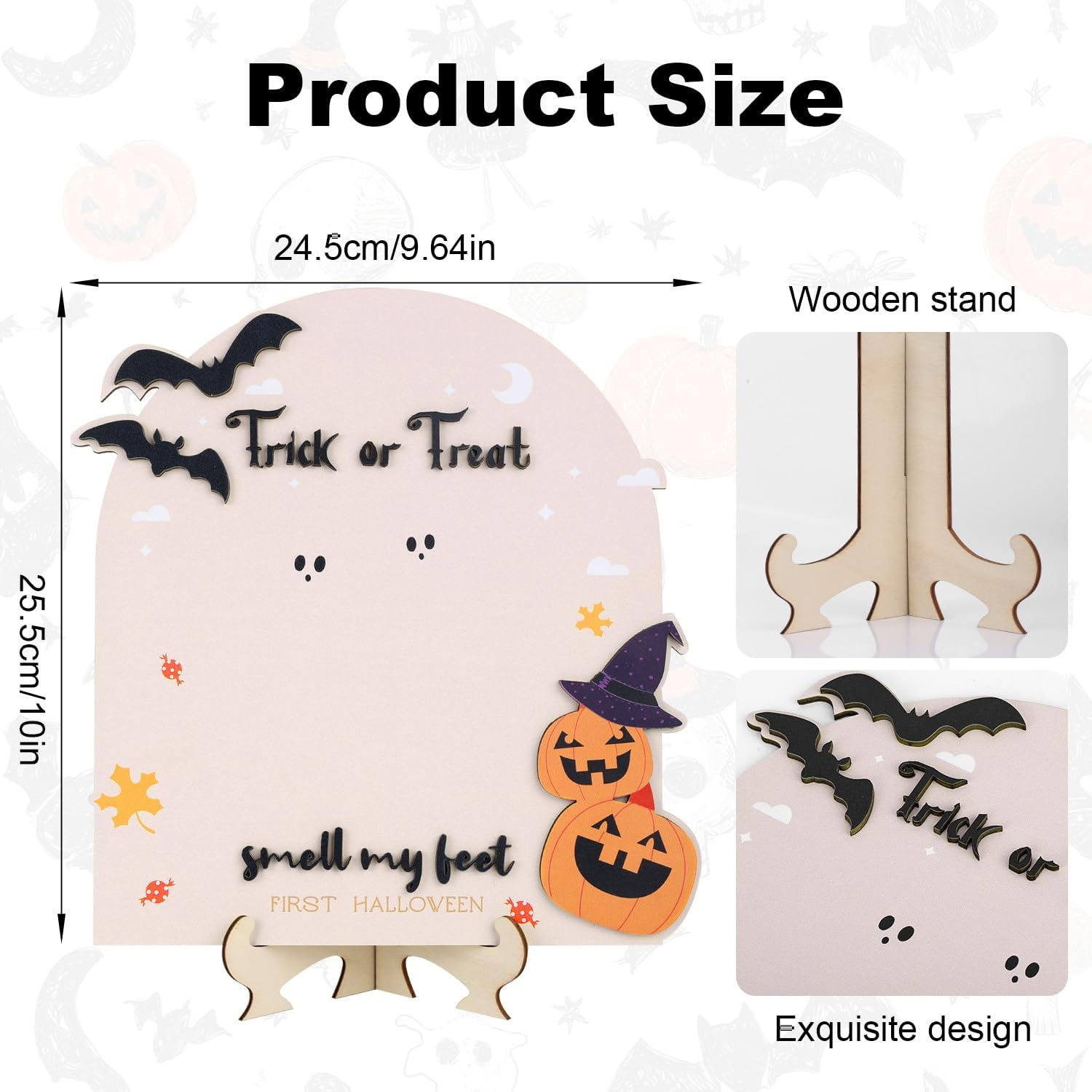 Baby'S First Halloween Footprint Wooden Milestone Card, Trick-Or-Treat Baby Footprint Sign Cute Pumpkin Decorative Halloween Keepsake DIY Craft Art Nursery Decorations image number 5