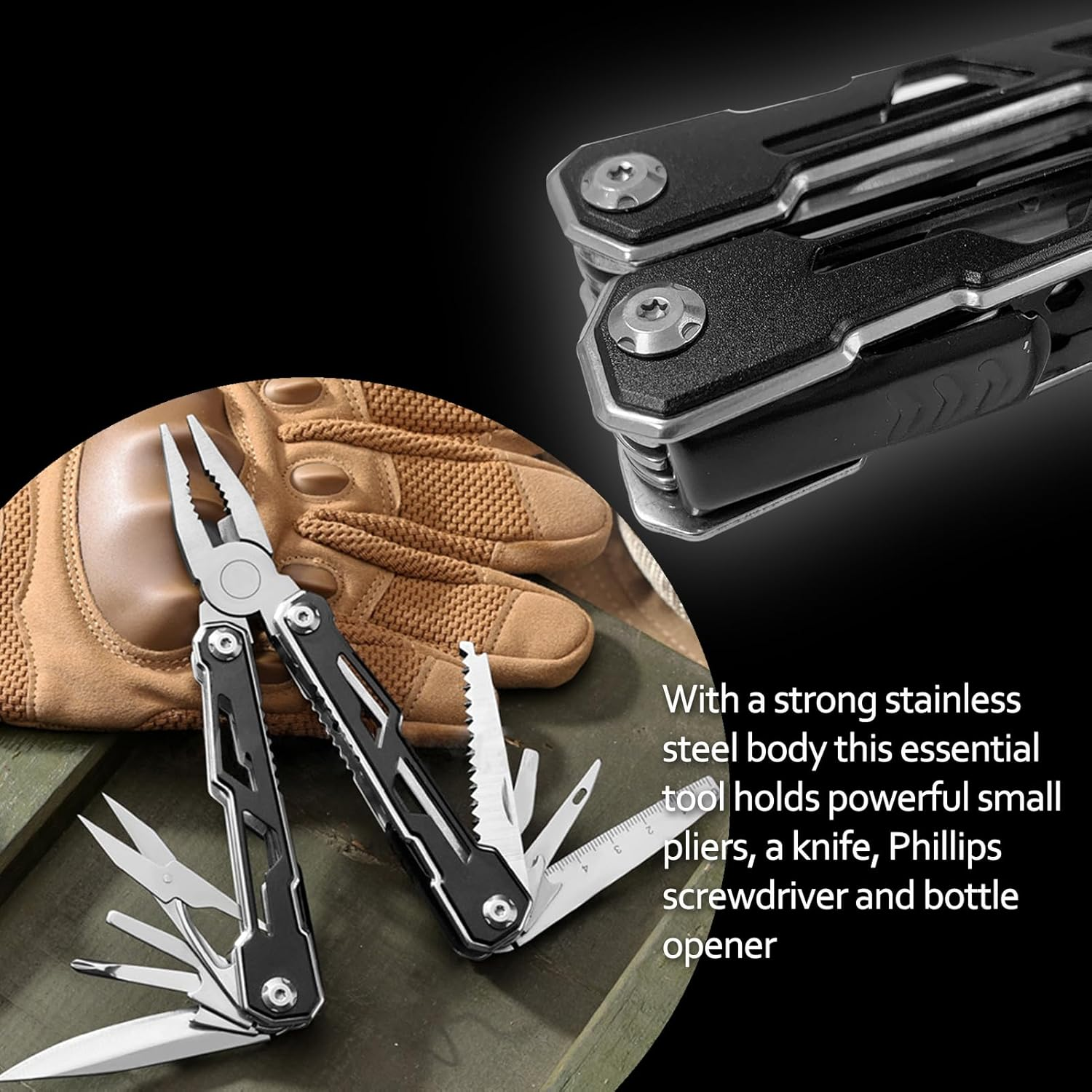 16-In-1 Folding Stainless Steel Multi-Tool with Pliers, Scissors, Knife, 2 Safety Locks, Belt Clip, Pouch
