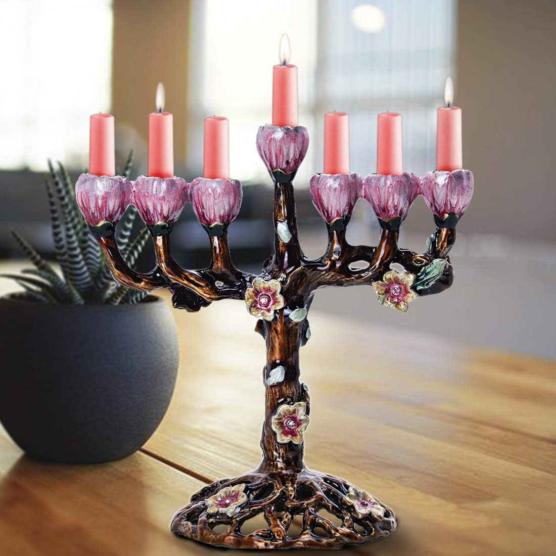 7 Branch Menorah Hanukkah Candle Holders Menorahs for Chanukah Hand-Painted Tree of Flowers Jewish Decorations image number 1