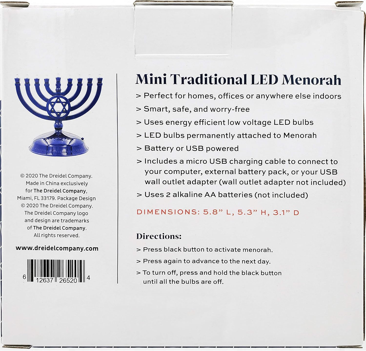 The Dreidel Company Mini Electric Menorah Traditional LED Travel Menora, Batteries or USB Powered, Micro USB 4' Cable Included (Blue) image number 1