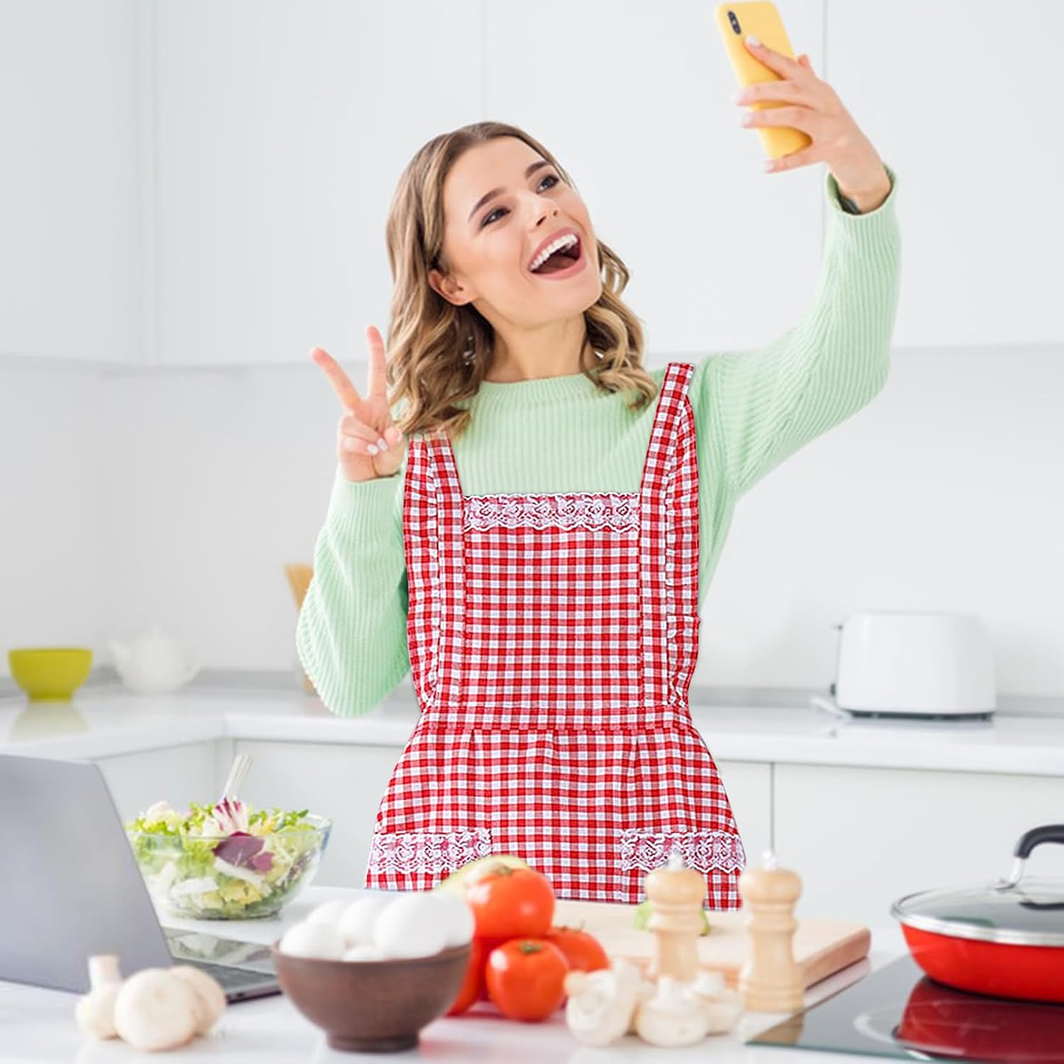 JJYHEHOT Women Classic Vintage Apron, Red and White Gingham Cotton Apron, Home Kitchen Chef Bib, Red image number 6