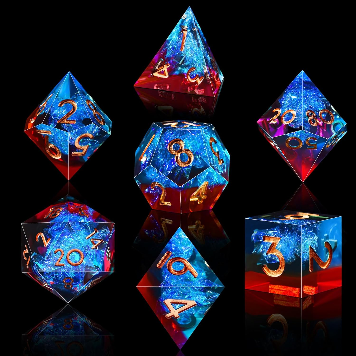 AUSTOR 7-Die DND Dice Set Handmade Sharp Edge Polyhedral Dice for Dungeons and Dragons RPG MTG Table Games（Flame Red & Ice Blue） - Black  Blue image number 5