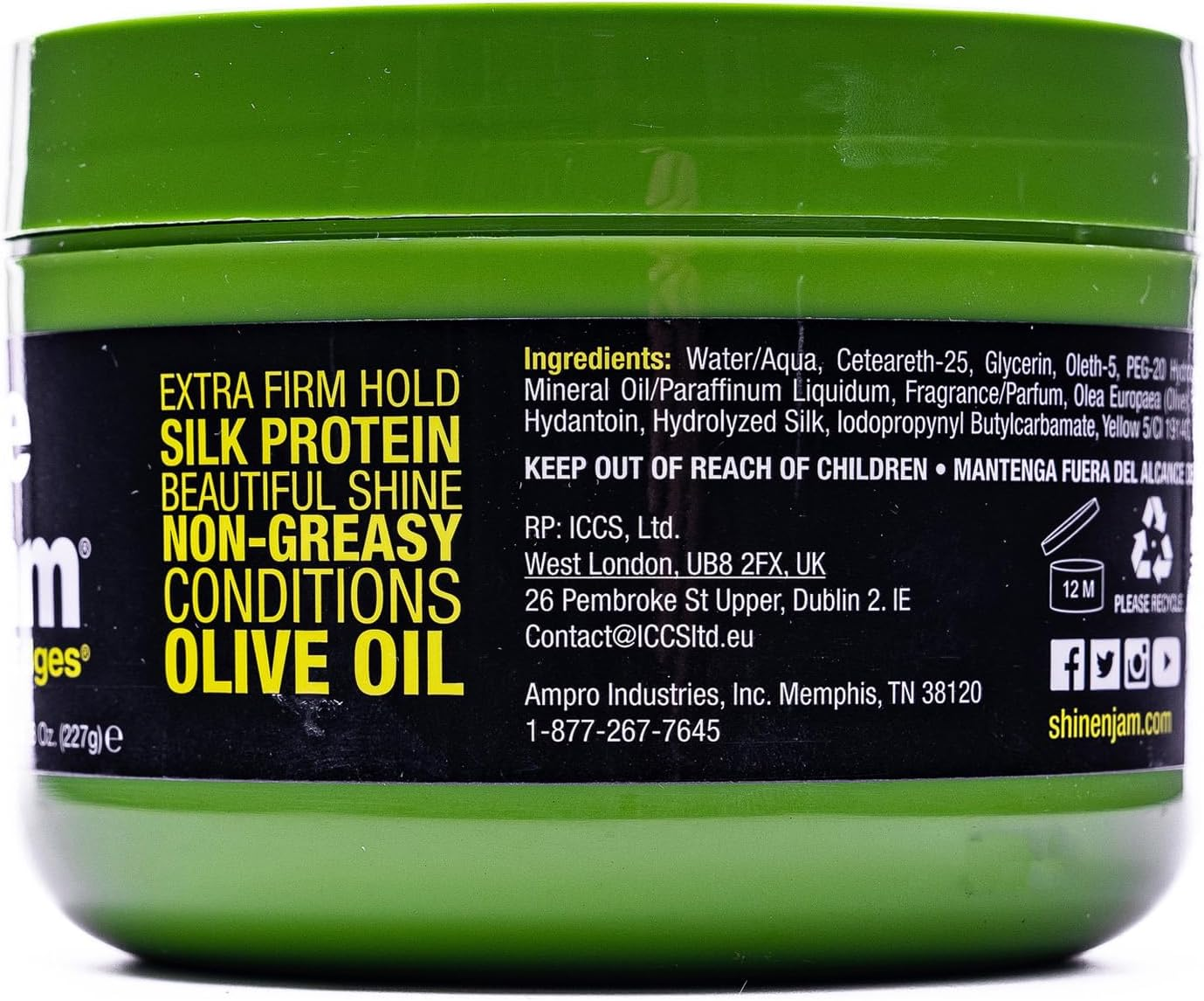 Ampro Shine-N-Jam Edges - Excellent for Taming Fringe, Ponytails, and Updos - Provides Firm Hold with Non-Greasy Shine - Moisturizes and Smoothes Hair with Silk Proteins - 227 G