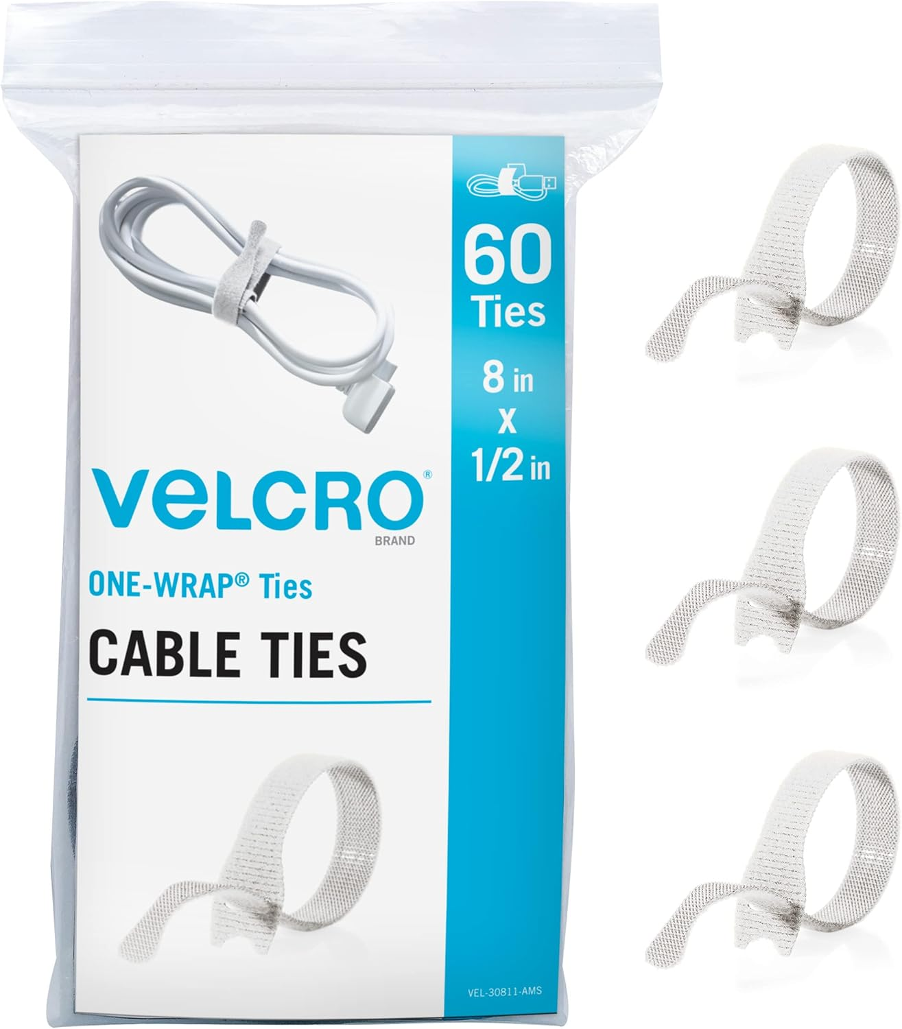 VELCRO Brand Heavy Duty Cable Ties Reusable | 60Pc Bulk Pack | 8 X 1/2" ONE-WRAP Straps, Black | Strong Wire Management | Cord Bundling for Home Office and Data Centers