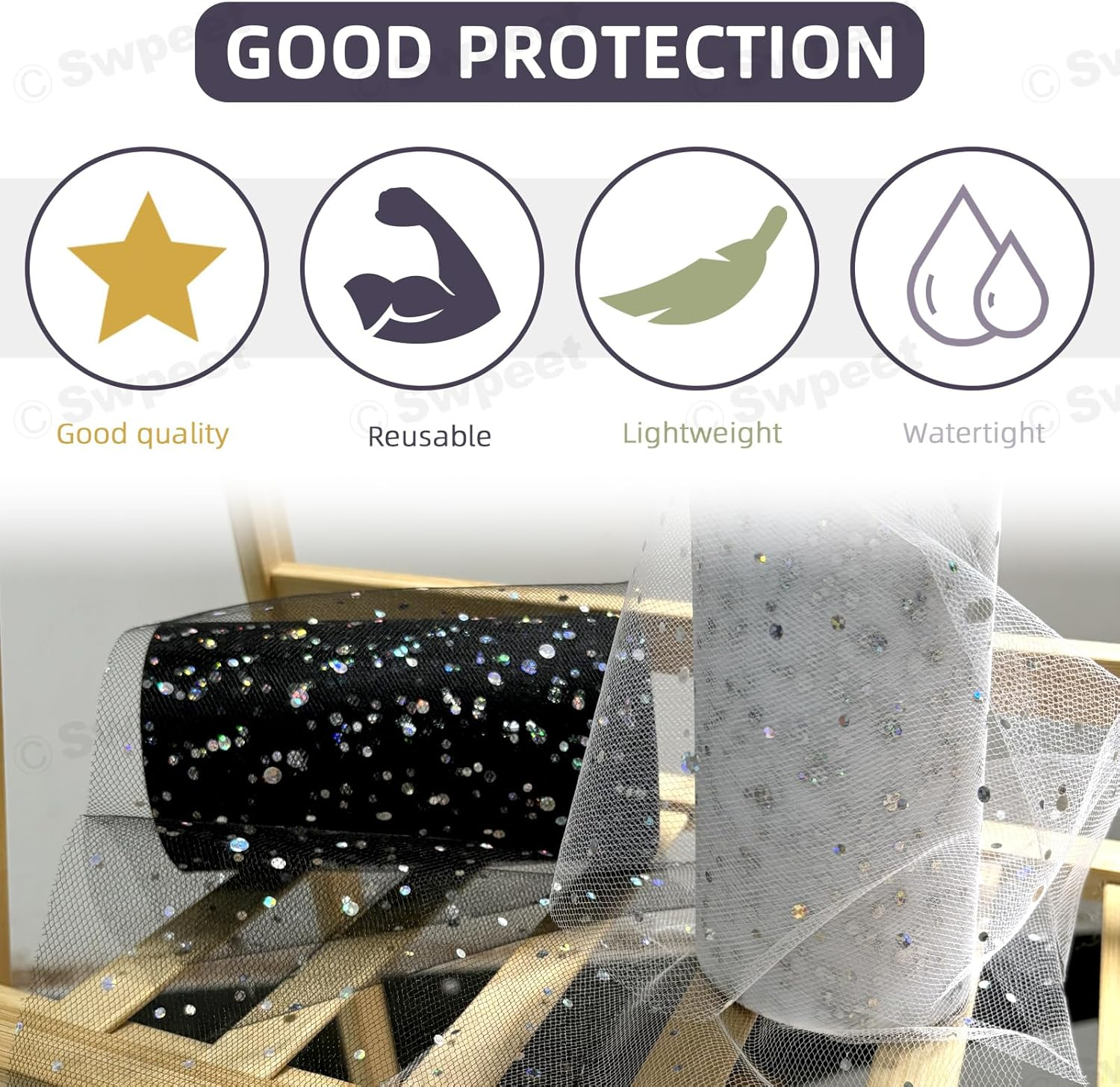 Swpeet 6 Inch by 50 Yards White Glitter Tulle Fabric Roll, Fabric Spool Sparkling Tulle Ribbon, Netting Polyester Spool for DIY Birthday Party Wedding Decorations Christmas Craft Supplies - Black image number 7