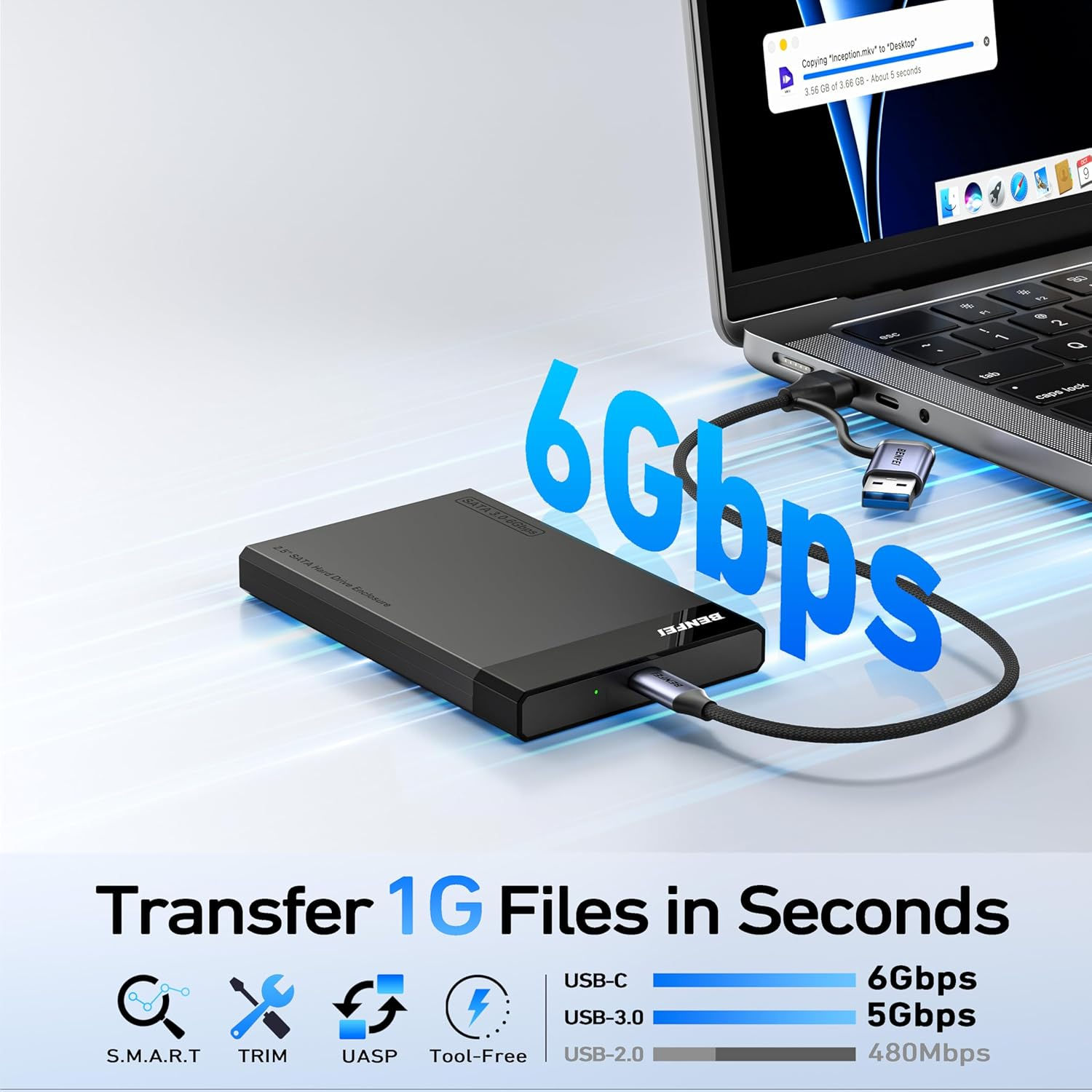 BENFEI 2.5 Inch SATA to USB Tool Free External Hard Drive Enclosure (6Gbps, Optimized for SSD, Support UASP SATA III) image number 4