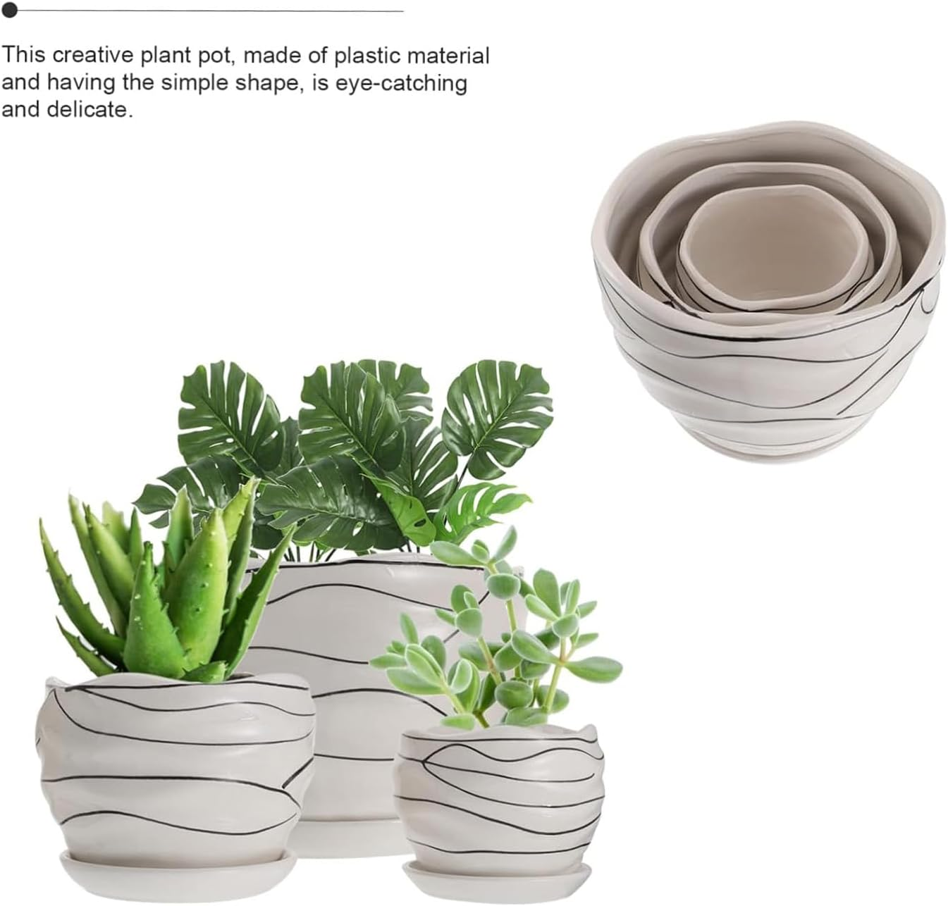 3-Piece Set. Large, Medium, and Small. Ceramic Striped Flower Pots. Home Plant Decoration. Elegant Ceramic Flower Pots.