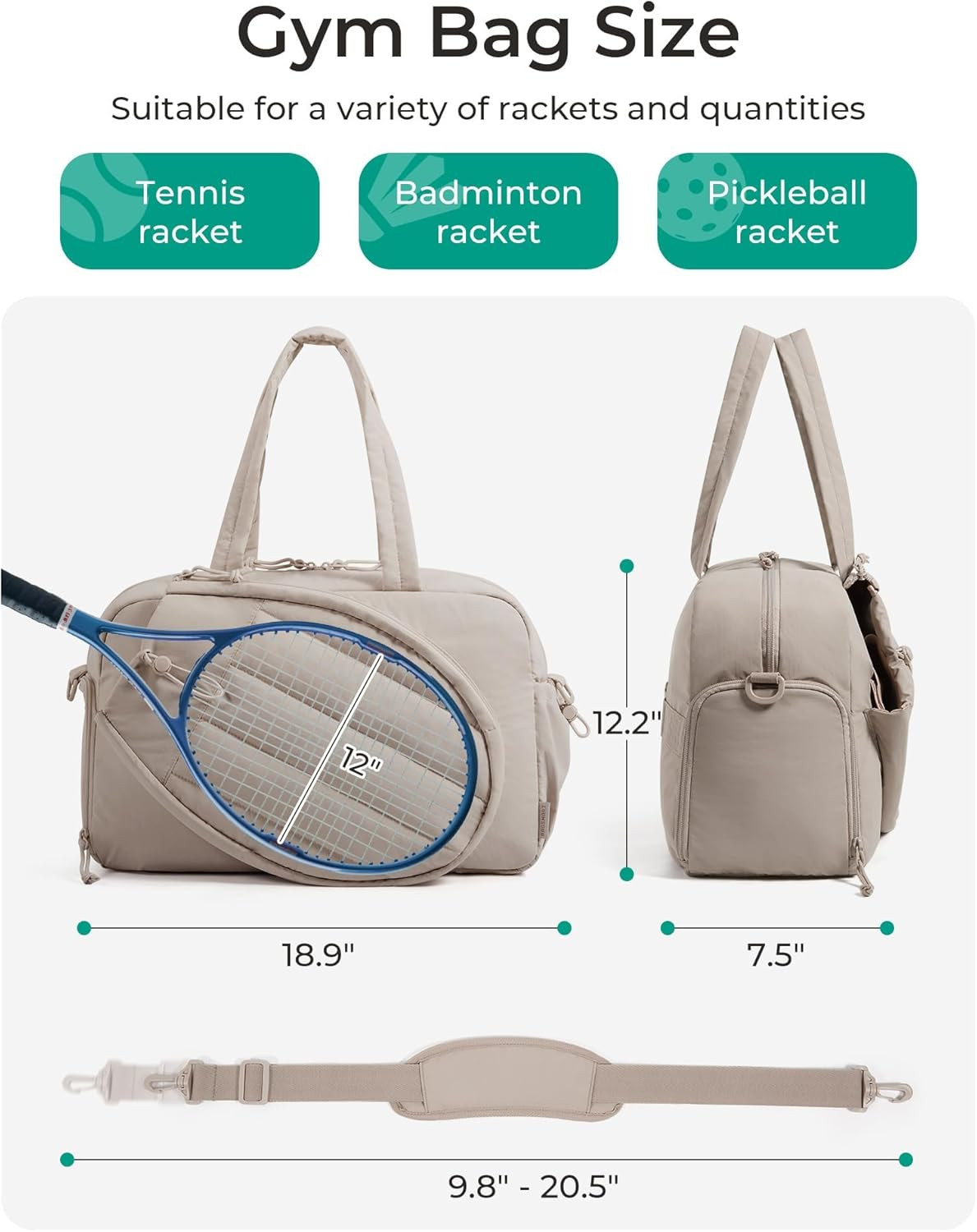 Gym Bag for Women, Tennis Bag Holds 2 Rackets with Shoe Compartment & Wet Pocket, Sports Duffle Bags Fits up to 15.6" Laptop, Women Overnight Weekend Bags image number 4